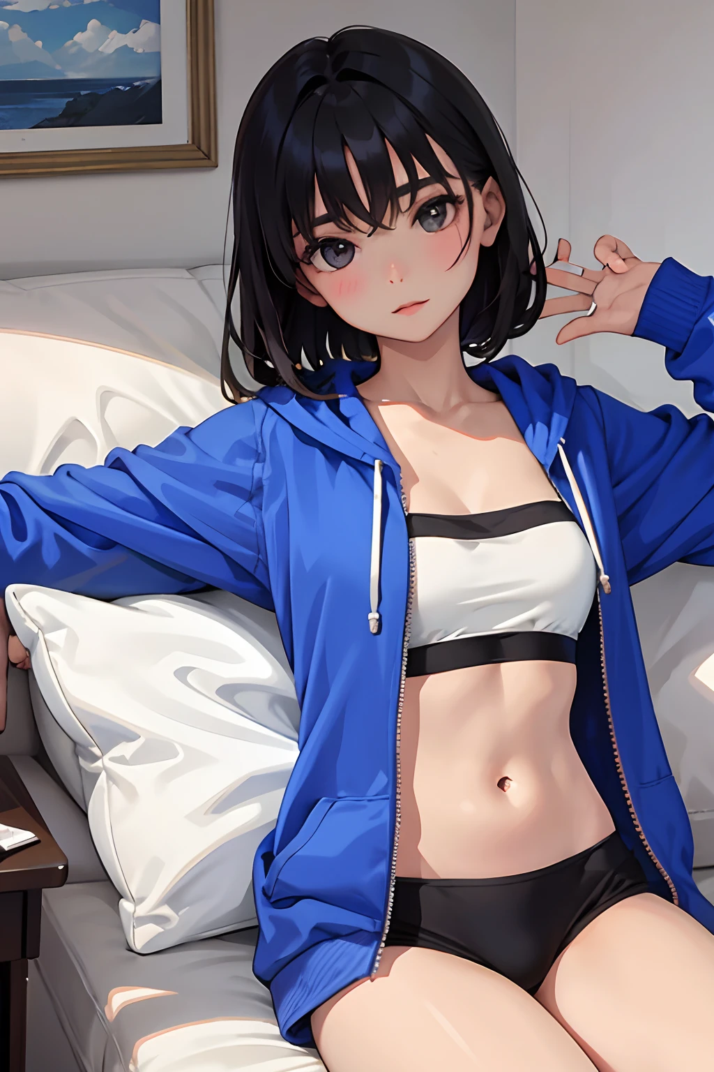 child，（​masterpiece，Highest Quality），Sportsbra，Lightweight hoodie，A dark-haired
