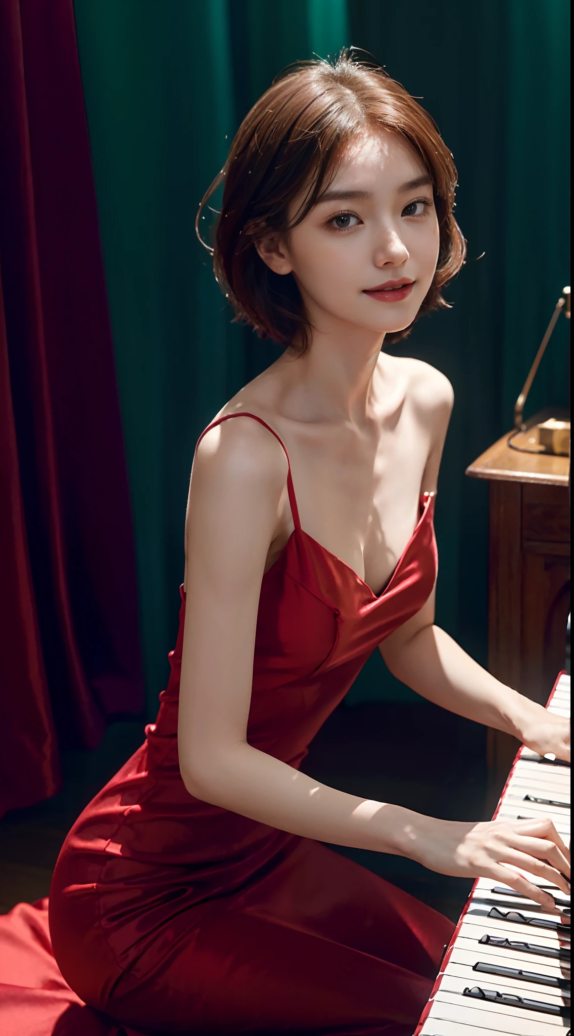 (shoulder-length straight short hair: 1.2),Upper body, （Extremely meticulous CG 8k wallpaper），（Extremely refined and beautiful），（Masterpiece），（best qualtiy:1.0），（Ultra High Resolution:1.0），beautiful light up，Perfect lightning，realistic shaded，[A high resolution]，Smooth and flawless fair skin，Extremely exquisite facial details，ultra - detailed，A  girl，small head，Smile，cheerfulness,Summer，afternoon，Close Shot，at home，In living room,Blue green background，Sitting upright on a stool next to a piano，(Playing piano with both hands:1.3)，enjoying a comfortable and intoxicated expression,small face，（perfect body:1.1）,small breasts，flat chest，slim，thin，(Red Princess Evening Dress Long Dress:1.5)，Slender legs，shoulders off，bare shoulders，Charming collarbone，flowers,sideways,(Portrait above chest level:1.3),cowboy shot