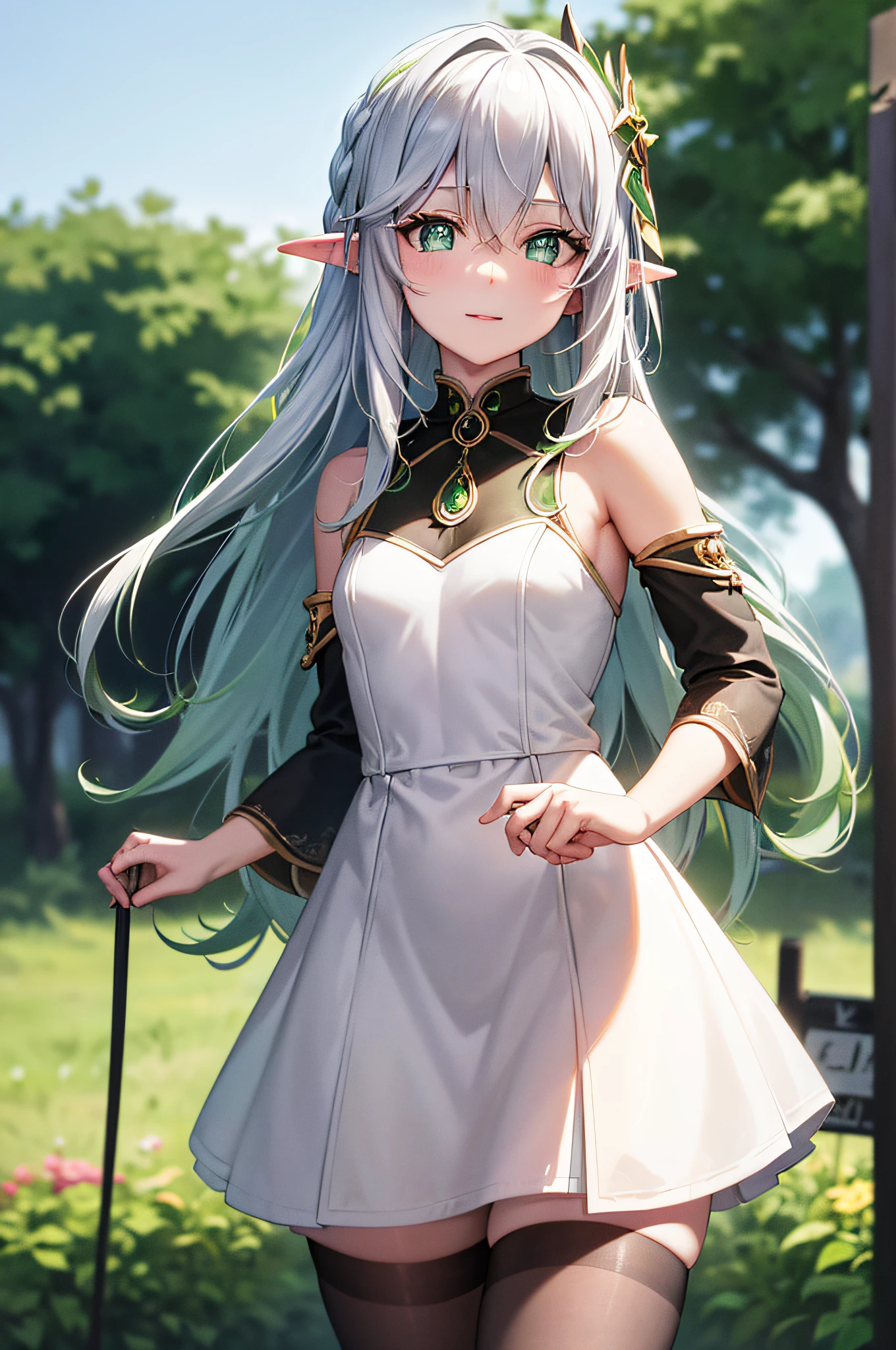 The elf stands and looks at the camera, A girl stands at a fair, green eyes and white hair, The wind lifts the skirt, You can see the underpants, blue skies, Beautiful clear blue sky, green hairpins in the hair, skinny waist, Slender figure, Appearance of the model, confusion, sexuality, nahida, pixie, elf ears, Beautiful ears, green colored eyes, People's casual clothes, black clothing, pantyhouse, black tights, little chest, You can see the, Upskirt, black clothing, White underpants, Elf Girl, Sweet girl, attractive anime girl, beautiful anime girl, Cute beautiful anime woman, detailed digital anime art, beautiful anime girl, beautiful anime girl, Anime with small details, Best Quality, Masterpiece, Ultra-detailed, Beautiful, hight resolution, Original,CG 8K ультрареалистичный, perfect artwork, beatiful face, Face Clean, Skin, hyper realistic, Ultra Detailed, A detailed eye, dramatic  lighting, (Realistic) Realistic, Full HD, Best Quality, Best Quality, Beautiful lighting, (8k wallpaper of extremely detailed CG unit), High Details, sharp-focus, The art of dramatic and photorealistic painting, beautiful smile, nude, dressless,