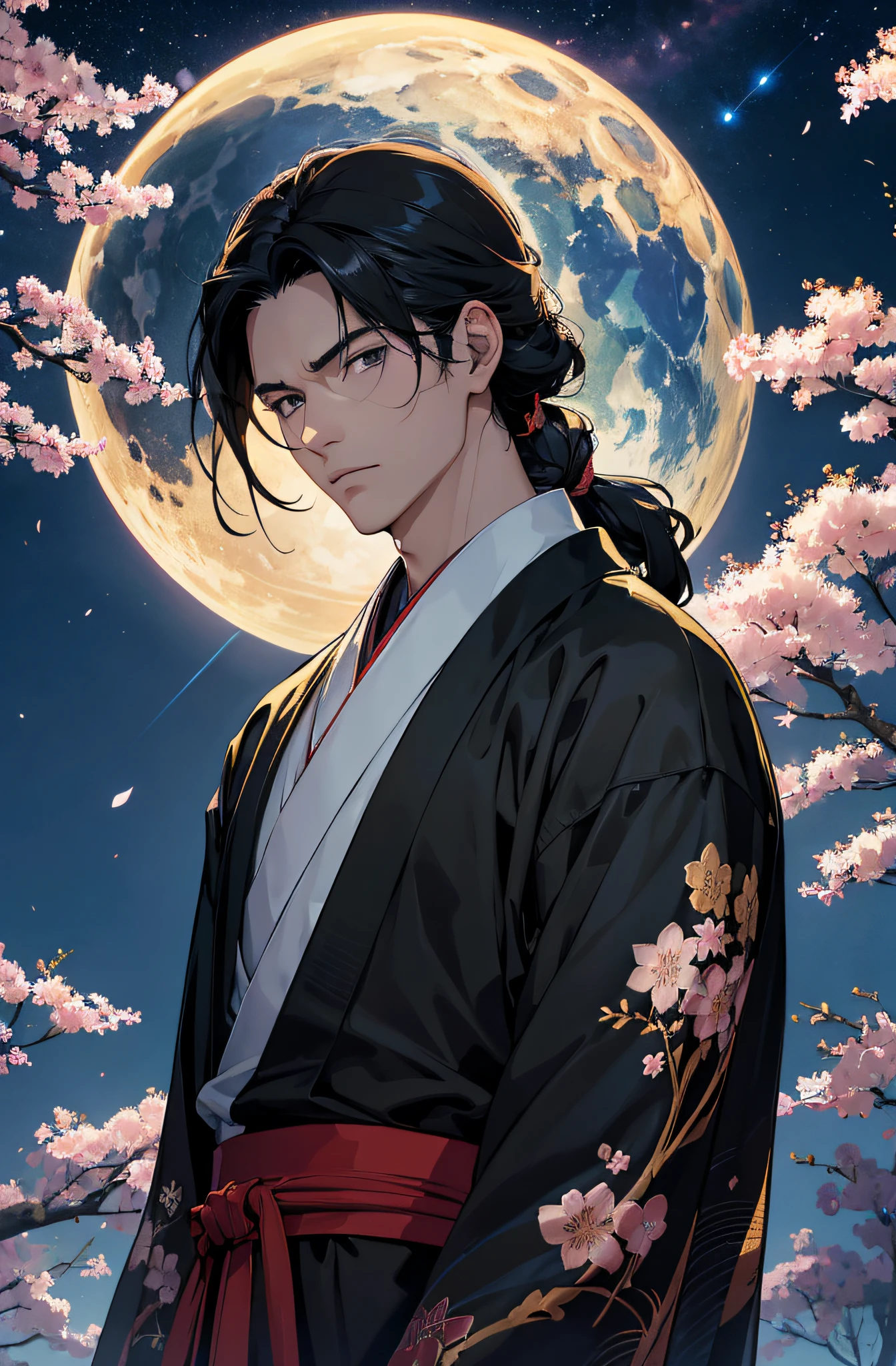 (Meisterwerk), best quality, ultra-high resolution, ((Ein Mann)), masculine, elegant, japanischer Gott, Tsukuyomi, ausdrucksstarke Augen, Perfektes Gesicht, half body, Blick auf den Betrachter, dutch angle, Cowboy erschossen, (langes schwarzes Haar), (Goldene Augenfarbe), stattlich, night time, Mondsichel, (Japanische Kleidung, schwarz-blauer Kimono), Hagoromo, Sieg, cherry blossoms, Dynamisches Licht, Beautiful colors, Milky Way, FESTPLATTE
