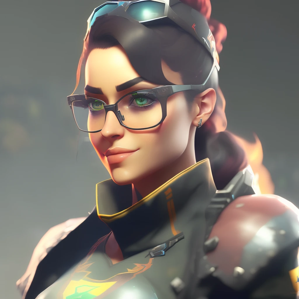 (((There's a woman with glasses))), Como um personagem de Overwatch, (((Rastreador overwatch))), (((cabelo curto preto feminino))), valorant, (((Equipe Fortaleza 2))) como um personagem de fortnite, Mesmo formato, (como personagem Tracer de overwatch), (((Rastreador overwatch))) retrato, female, (((pele branca))) de Fortnite, epic game portrait,  Realistic animation in Full HD quality, (((pele branca))), (((pallor))), Red glasses, (((olhos pretos))), (((franja longa cobrindo UM olho))), ((diagonal))