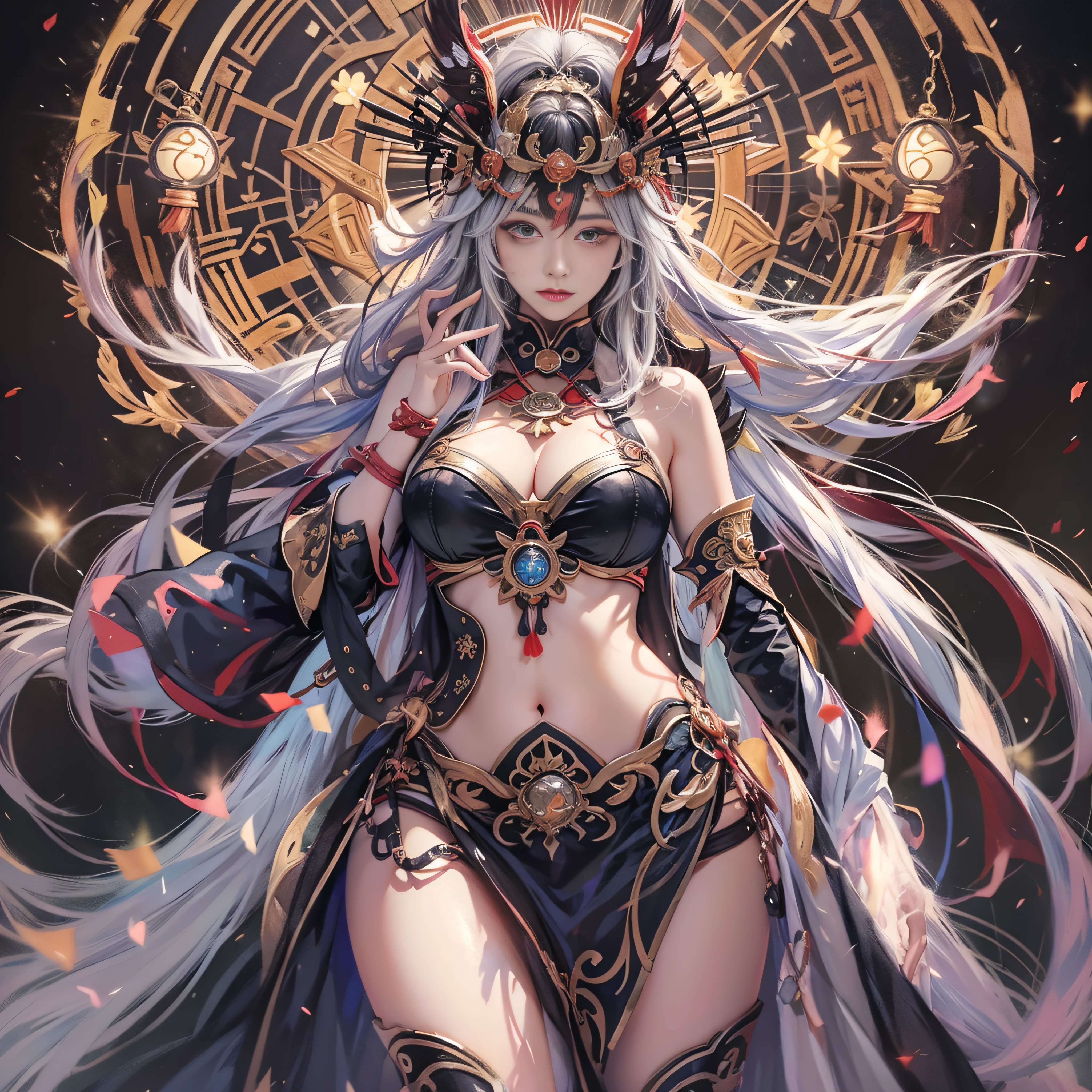 masutepiece, Best Quality,Unity 8k壁纸, ultra-detailliert, Beautiful and aesthetic, Beautiful, Official art, Amaterasu Priestess, SanDisk, Solar Flare Spell, Blessing of the Sun Goddess, ,divine intervention,Colossal tits、full body Esbian、A bell hangs on his chest huge udder High exposure Black costume Black Impulse