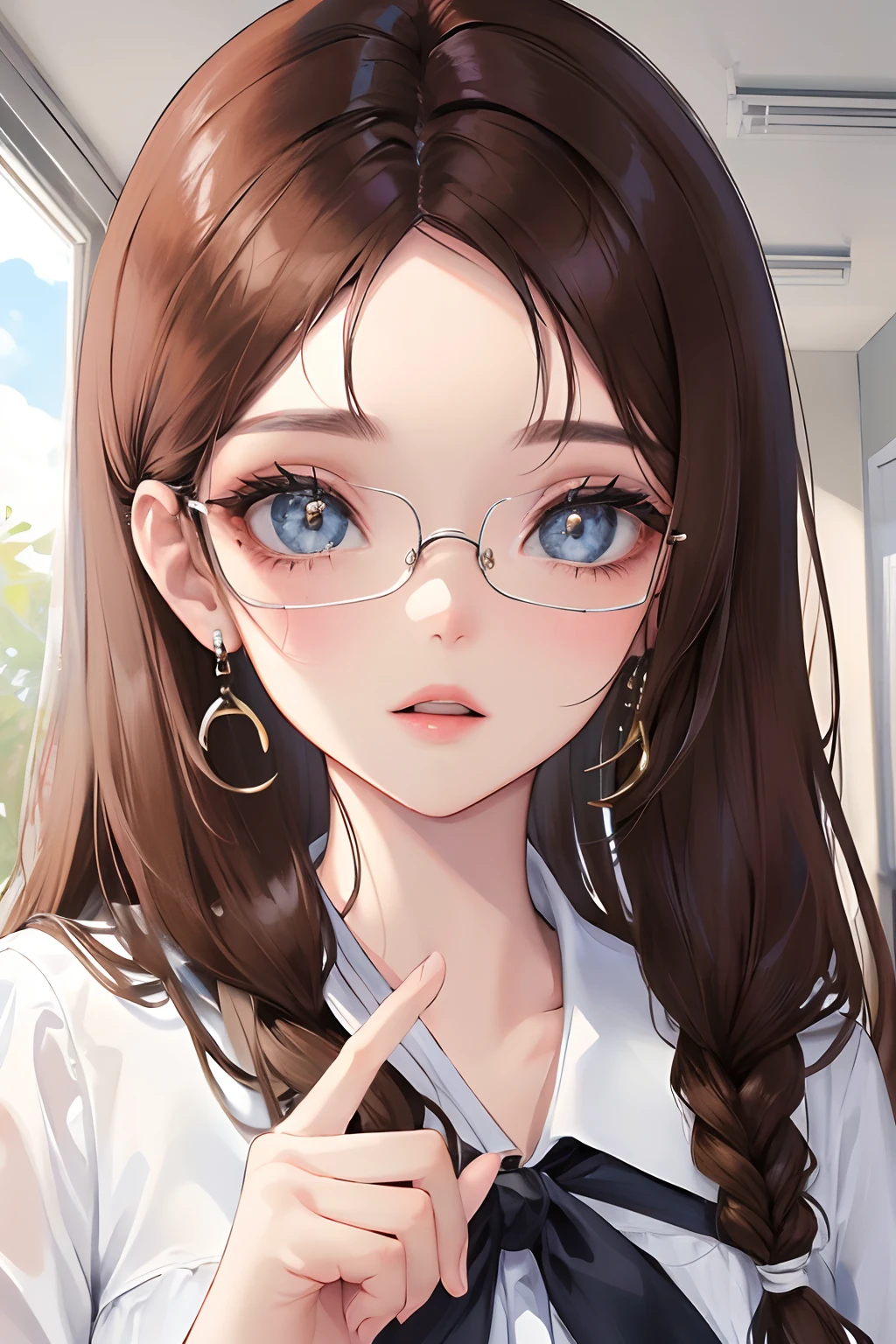 (melhor qualidade,obra prima:1.2),realista,profissional,retrato,olhos detalhados,beautifull lips,olhos vazios,long eyeslashes,fino,seios pequenos,Sox Branco,oculos,Olhos castanhos,brincos,brown hair,Cabelos compridos,Roupa rosa, corpo inteiro, in a high school classroom