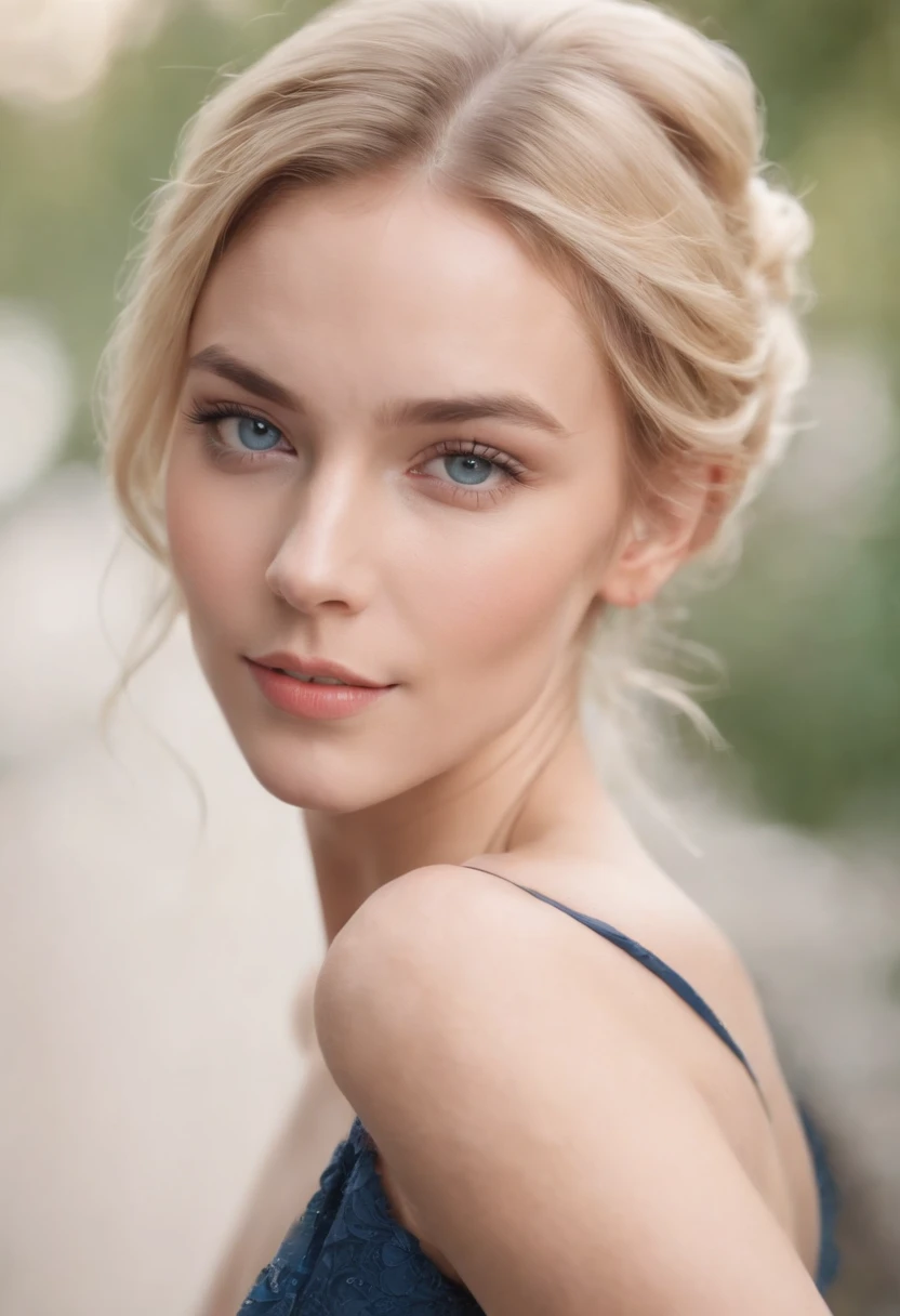masuter piece、Best Quality、Detailed photos、20 year old American with one blonde chignon hairstyle、Blue eyes、toned waist、Soft focus background
