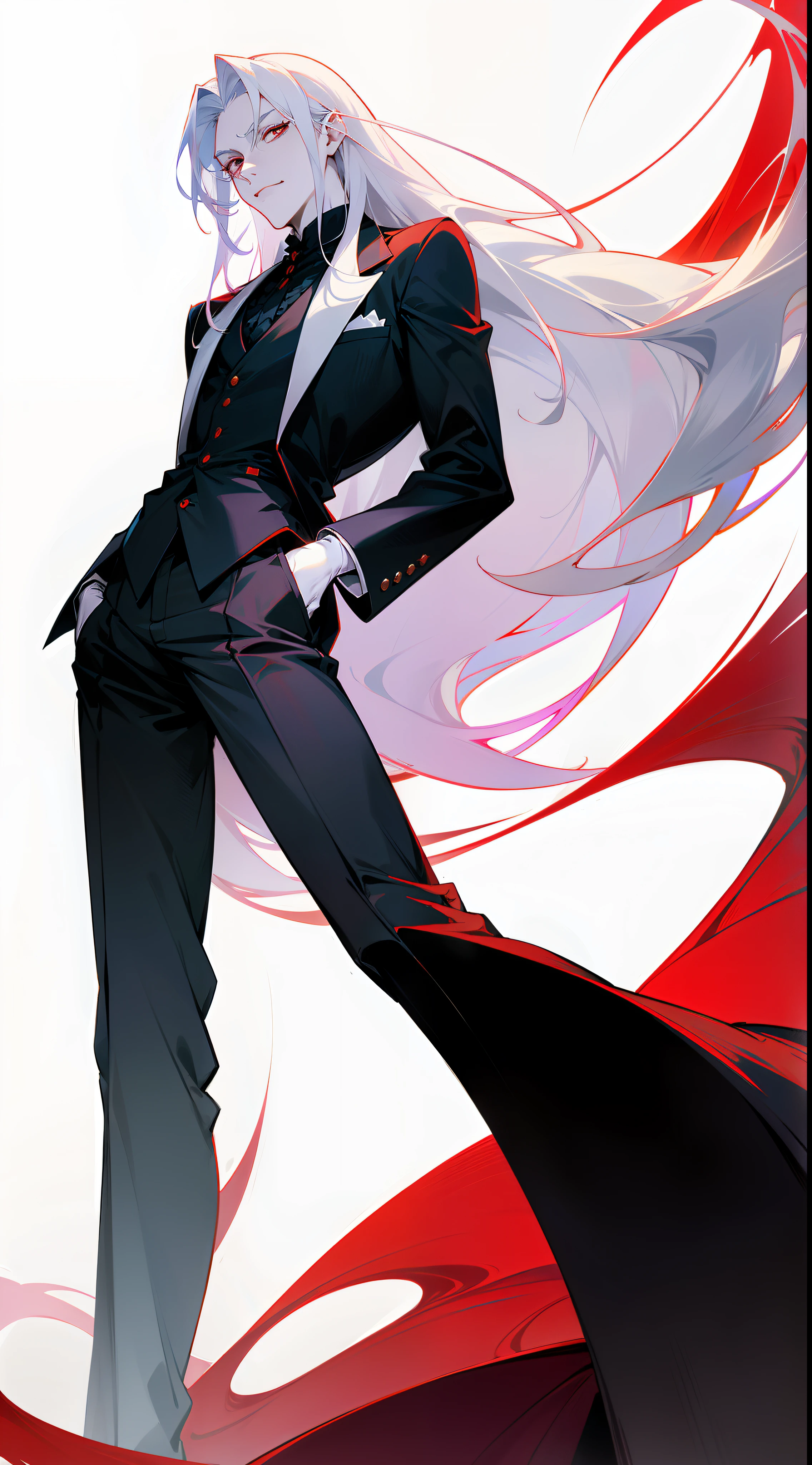 With a graceful stance, a male vampire poses for his portrait. His anime-style appearance is enhanced by his long, white hair and striking red eyes. He wears a tailored suit, adding a touch of sophistication to his pale white skin. The full moon shines brightly in the background, adding a touch of mystery to the image.