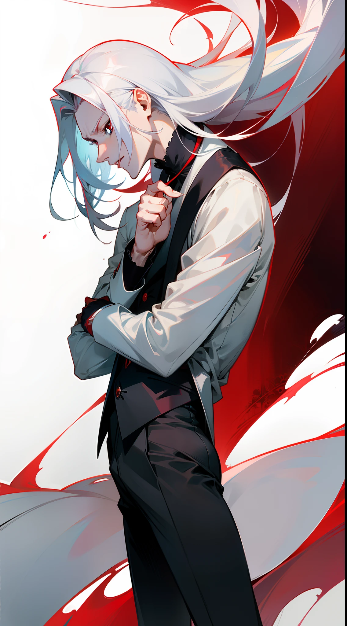 With a graceful stance, a male vampire poses for his portrait. His anime-style appearance is enhanced by his long, white hair and striking red eyes. He wears a tailored suit, adding a touch of sophistication to his pale white skin. The full moon shines brightly in the background, adding a touch of mystery to the image.
