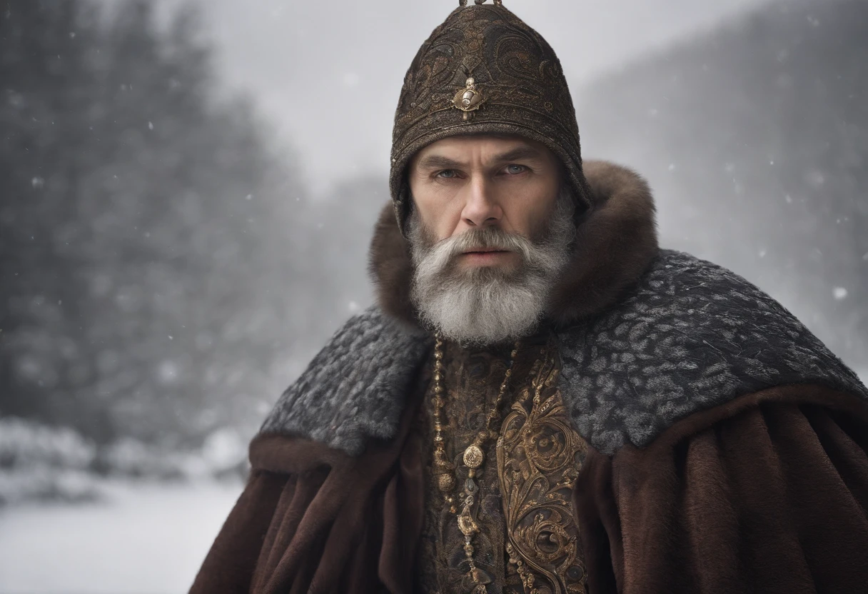 "Create an illustration depicting Ivan, The Terrible, na idade de , based on historical information about your appearance and personality. Highlight facial features, dress and posture that would be characteristic of this age, as described in the historical records.