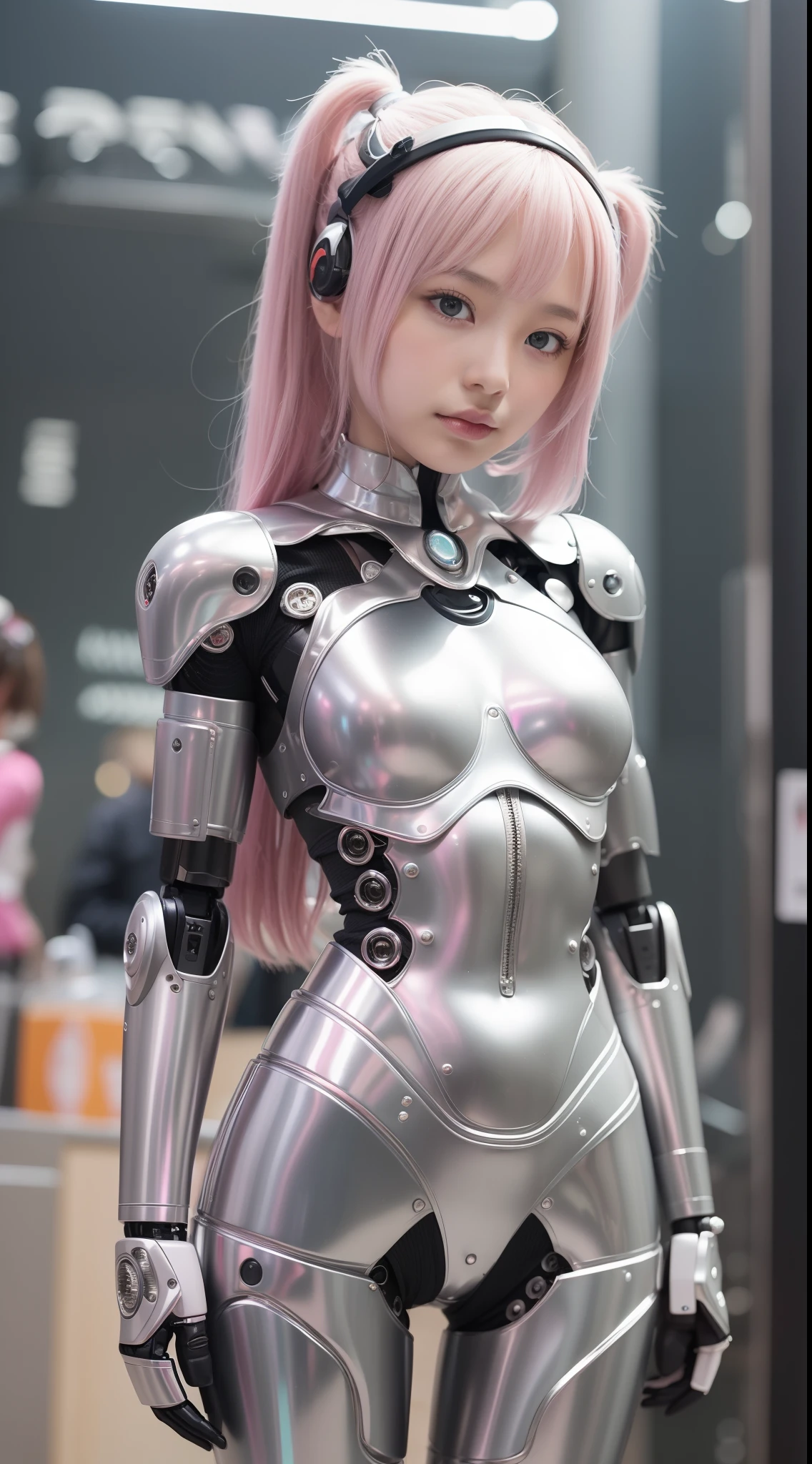 (Photorealsitic:1.4)、one girls、(top-quality),(hyperdetailed face)、(Super well-formed face)、((Robot Parts))、(Cyborg girl)、(pink there)、(Silver)、(metallic)、(full body)、(Moe Pose)、(Slender body)、(tits out)、(Model body type)、(Akihabara)、(is looking at the camera)、(A dark-haired)、(9Head and body)、(a small face)、(Idol)、(front facing)、(is standing)、(Photo session)、(Looks sad)、(Cyborg girl in stage costume)、(sleeve less)、(a miniskirt)