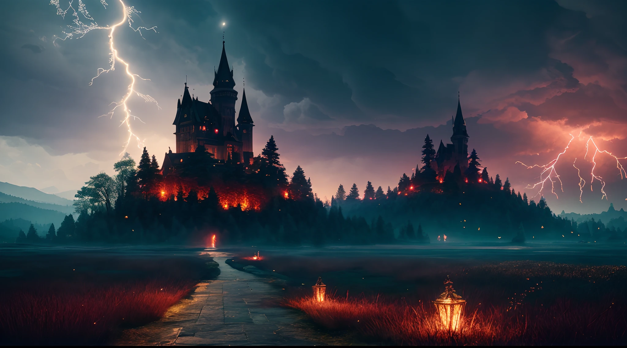 , intricate, high detail, dramatic (extremely fine CG unity 8k wallpaper, masterpiece, best quality, super detailed), (best lighting, best shadows, extremely delicate and beautiful), floating, [(1 character), armor , white hair, red eyes, katana, dynamic pose,((dark:1.3)|(bloody) background), black fog, ashes, scars, downpour,blood:0.8], [(smoke, embers), fireflies, Ashes, moonlight, distant castle, storm clouds, lightning, red haze, ominous atmosphere: 0.7]