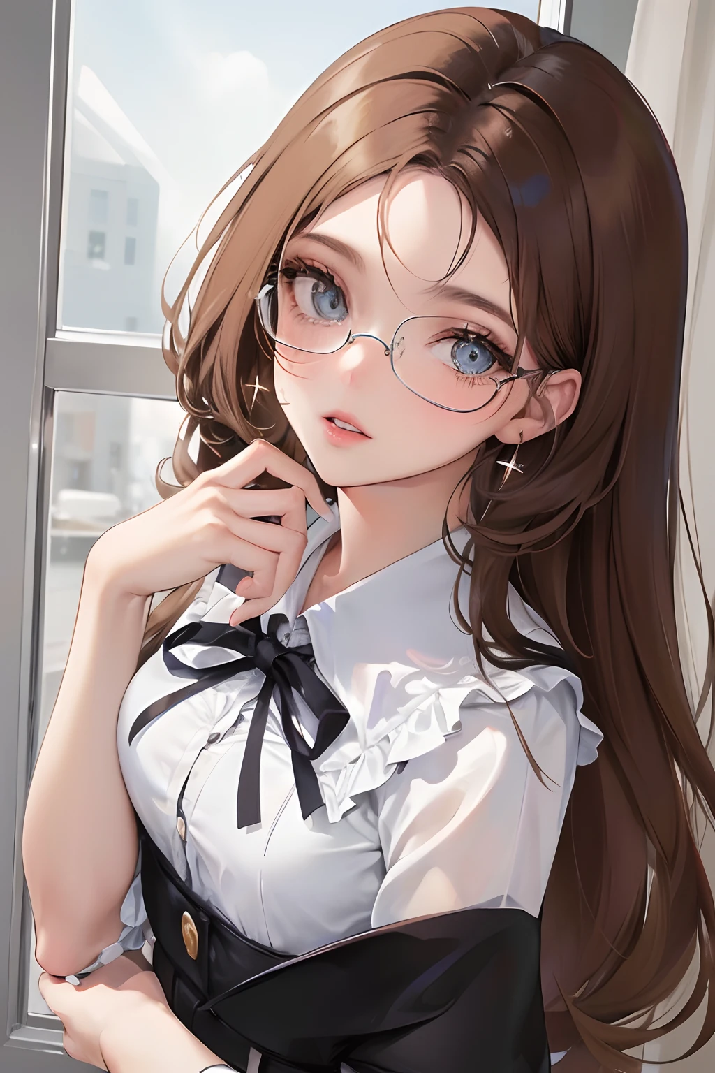 nsfw, (masterpiece:1.2, highest quality), (Realistic, photoRealistic:1.4), Beautiful illustrations, (Natural Side Lighting, Cinema Lighting), Written boundary depth, Beautiful thighs staring at the viewer, (((Face Focus, Upper Body))), 1 female, 20-year-old, alone, thin, slender, (small breasts), long Hair, Curly Hair, Forehead, Forehead, Forehead, Forehead, thin, slender, glasses, blouse, sexy pencil skirt, Are standing, ((Close-up)), ((Close-up)), ((Close-up))