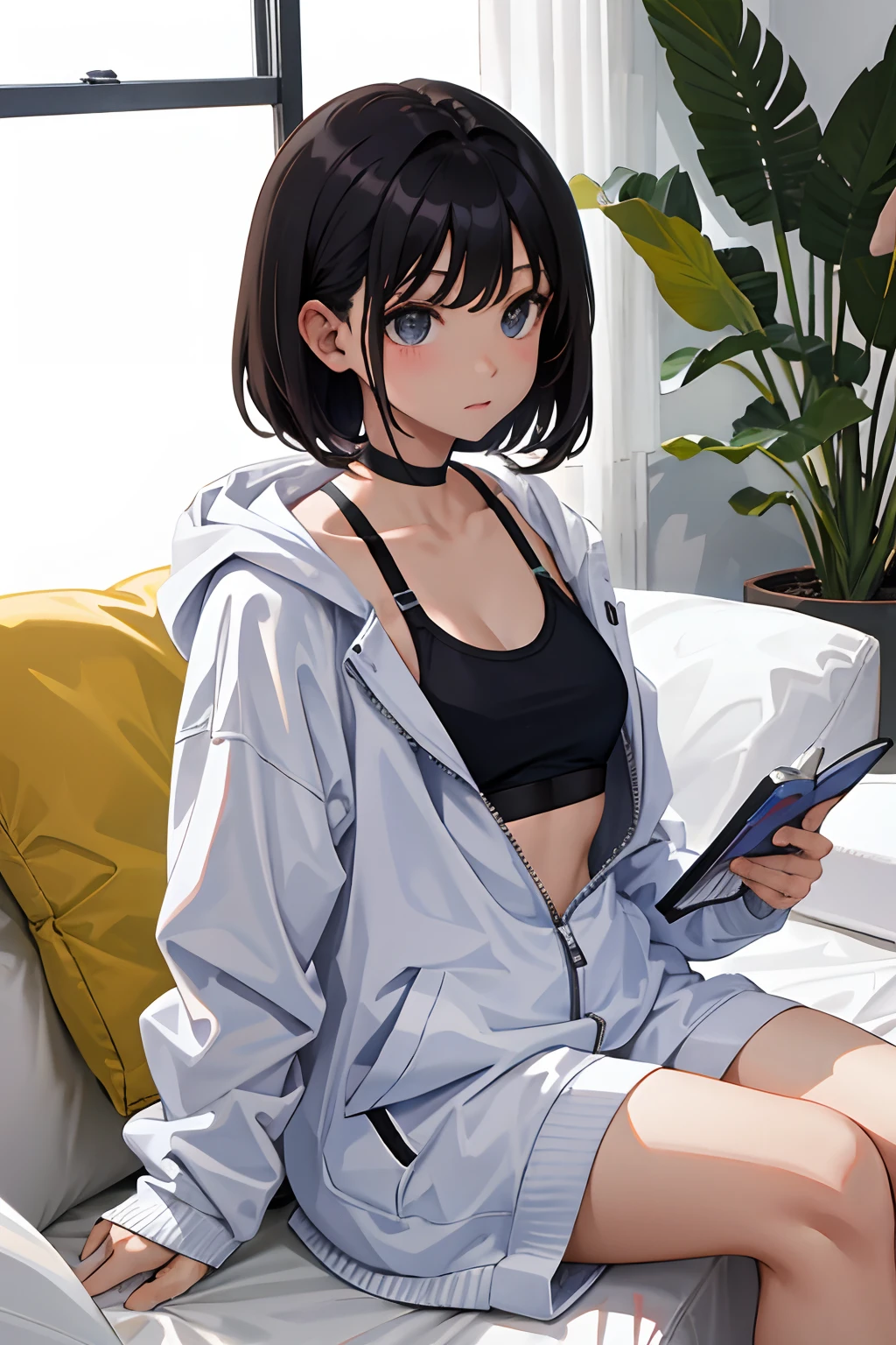 child,(masterpiece,Highest Quality),Sportsbra,Lightweight hoodie,A dark-haired
