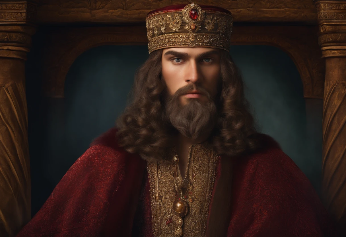 Create an illustration depicting Ivan, The Terrible, na idade de 16 anos, based on historical information about your appearance and personality. Highlight facial features, dress and posture that would be characteristic of this age, as described in the historical records.
