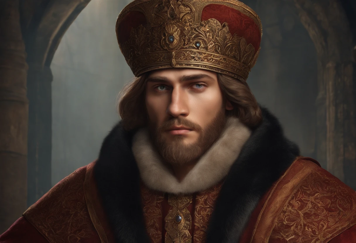 Create an illustration depicting Ivan, The Terrible, na idade de 16 anos, based on historical information about your appearance and personality. Highlight facial features, dress and posture that would be characteristic of this age, as described in the historical records.