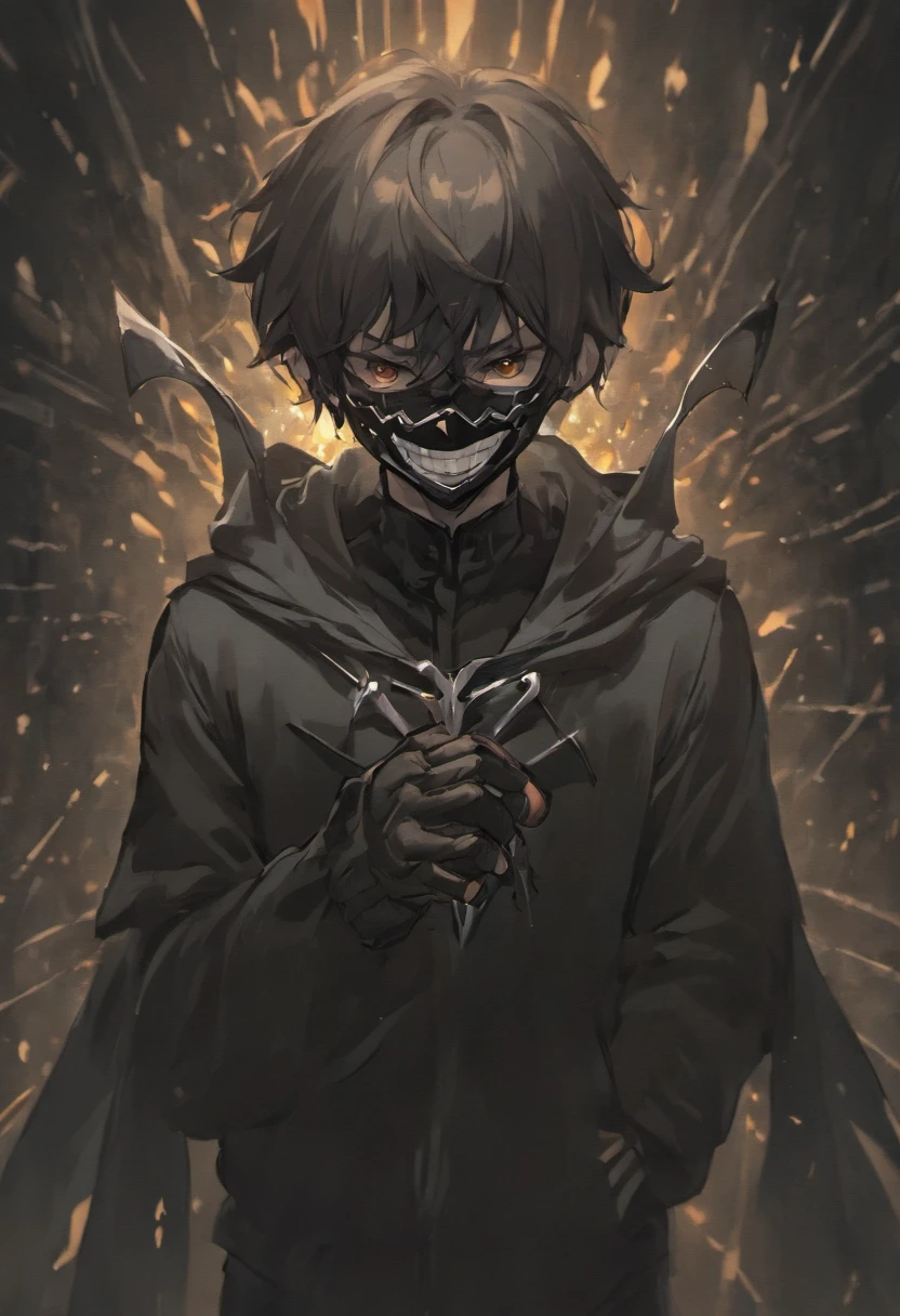 A man, holding a black cracked mask, powerful, grinning, cinematic lighting, dark, gritty, looking towards the viewer,