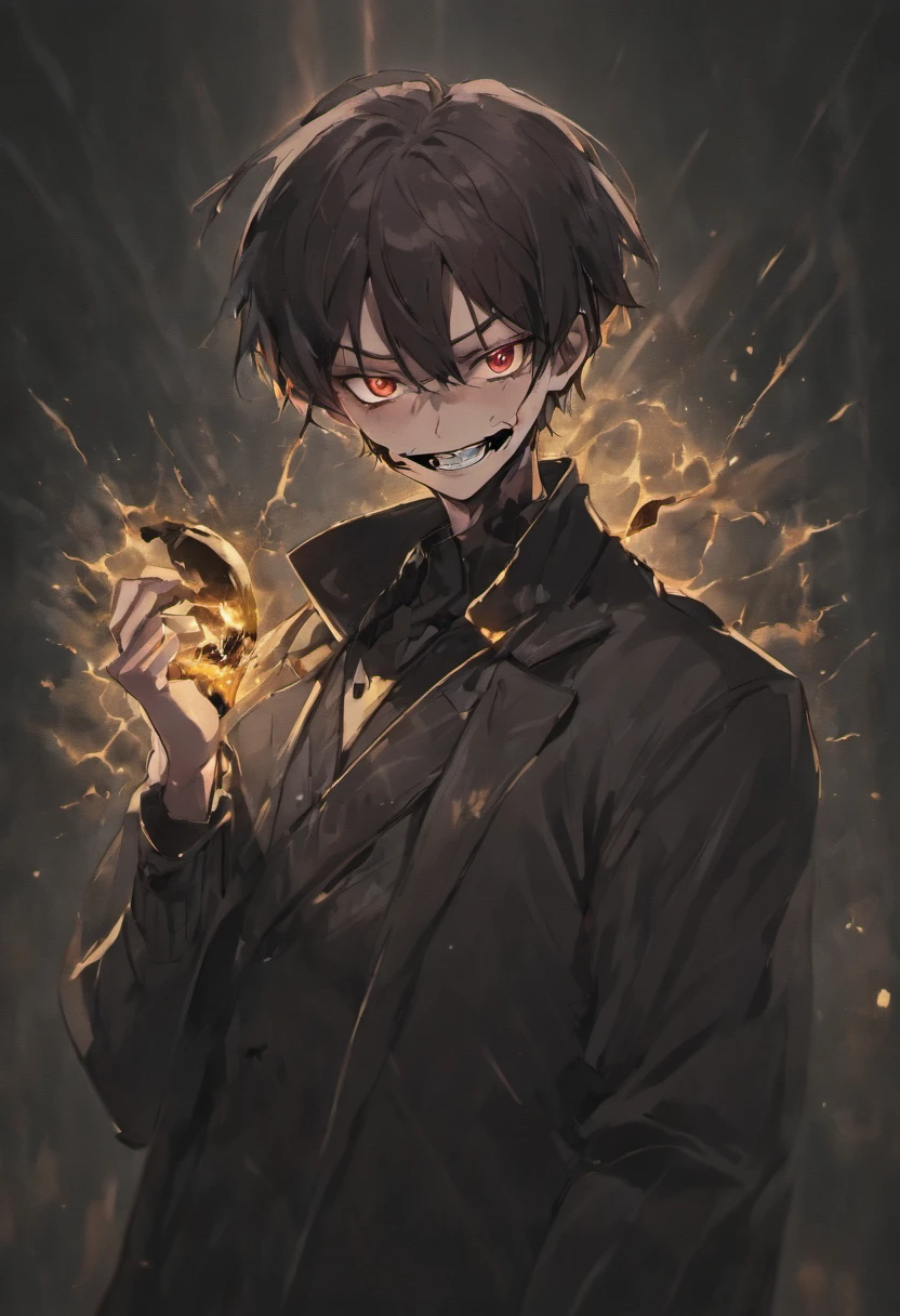 A man, holding a black cracked mask, powerful, grinning, cinematic lighting, dark, gritty, looking towards the viewer,