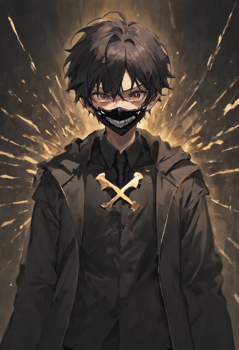 A man, holding a black cracked mask, powerful, grinning, cinematic lighting, dark, gritty, looking towards the viewer,