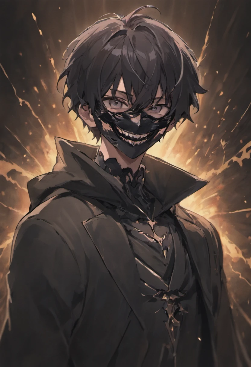 A man, holding a black cracked mask, powerful, grinning, cinematic lighting, dark, gritty, looking towards the viewer,