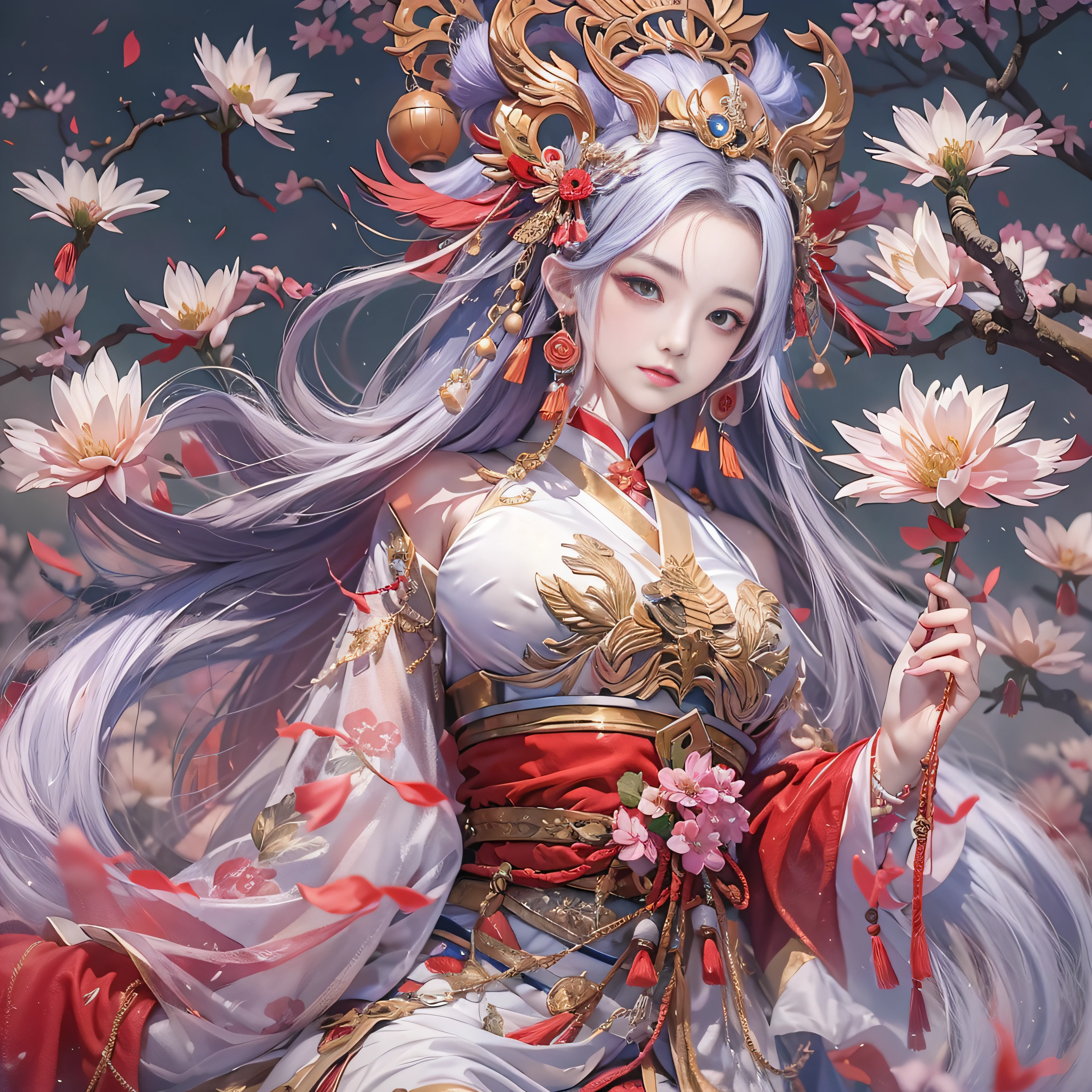 (The 8k quality: 1.3), (Top image quality: 1.2), 1 female, (Face Details), Perfect face, Sexy face shapes, Unique, (overall detail detail: 1.4), (imperial water), Chinese Hanfu, Flowers, perfect combination of dream and fairy, (masutepiece: 1.2), Tang Dynasty oversized clothing mopping, Tang Dynasty exquisite accessories, diadems, served look, Proud, Wonderful, Beauty, overall center alignment, Beautiful scenery, Red lantern, Smoke, illusion, Soaring, red carp, imperial sword, clothes floating, inflatable airflow, killing enemies, Doppelganger, Flower art, White hair　colourfull、highestdetailed　Tsukiyomi Dojin, Tsukiyo Mizun, Moon incarnation, Supreme God of Japan, The god of ancient Japan and the deification of the moon. Ancestors of the Emperor of the Japan, Shinto deity of Japan, Amaterasu's sister, The background is a shrine of Japan　Colossal tits　plump udder　A sexy