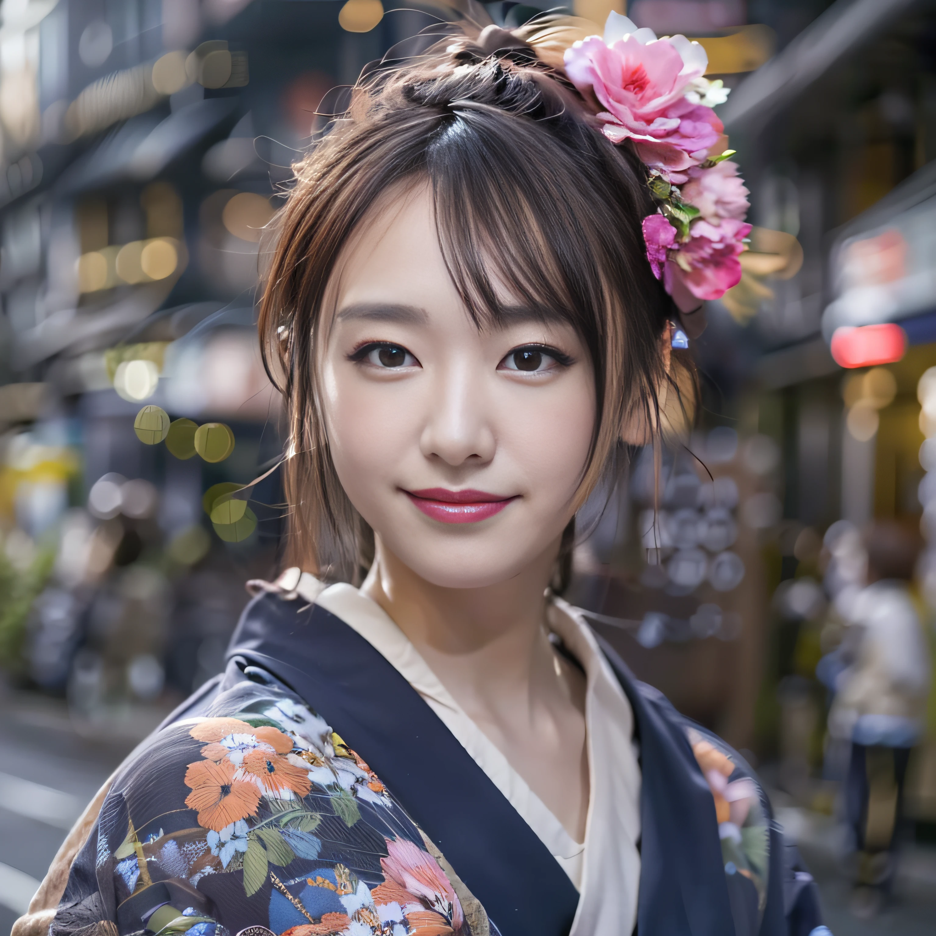 1人、on tokyo street、A city scape、The upper part of the body、wearing Japanese kimono、Piercing with a kanzashi with hair up、a closeup、A smile、、(8K、Raw photography、top-quality、masterpiece:1.2)、(realisitic、photoRealstic:1.37)、Highly detailed eyelash drawing、(((Top image quality))),Colossal tits、Fine skin, (Beautiful hair), (Perfect Anatomy), (Realistic), (Dynamic Angle), Pose Seductive,Perfect,Sensual look、top-quality、hight resolution、