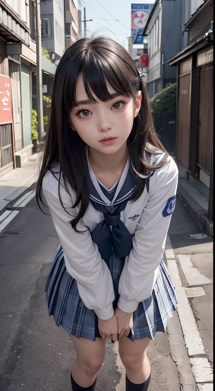 A 16-year-old high school girl with long black hair and wearing a school uniform is squatting down with tears streaming down her face.