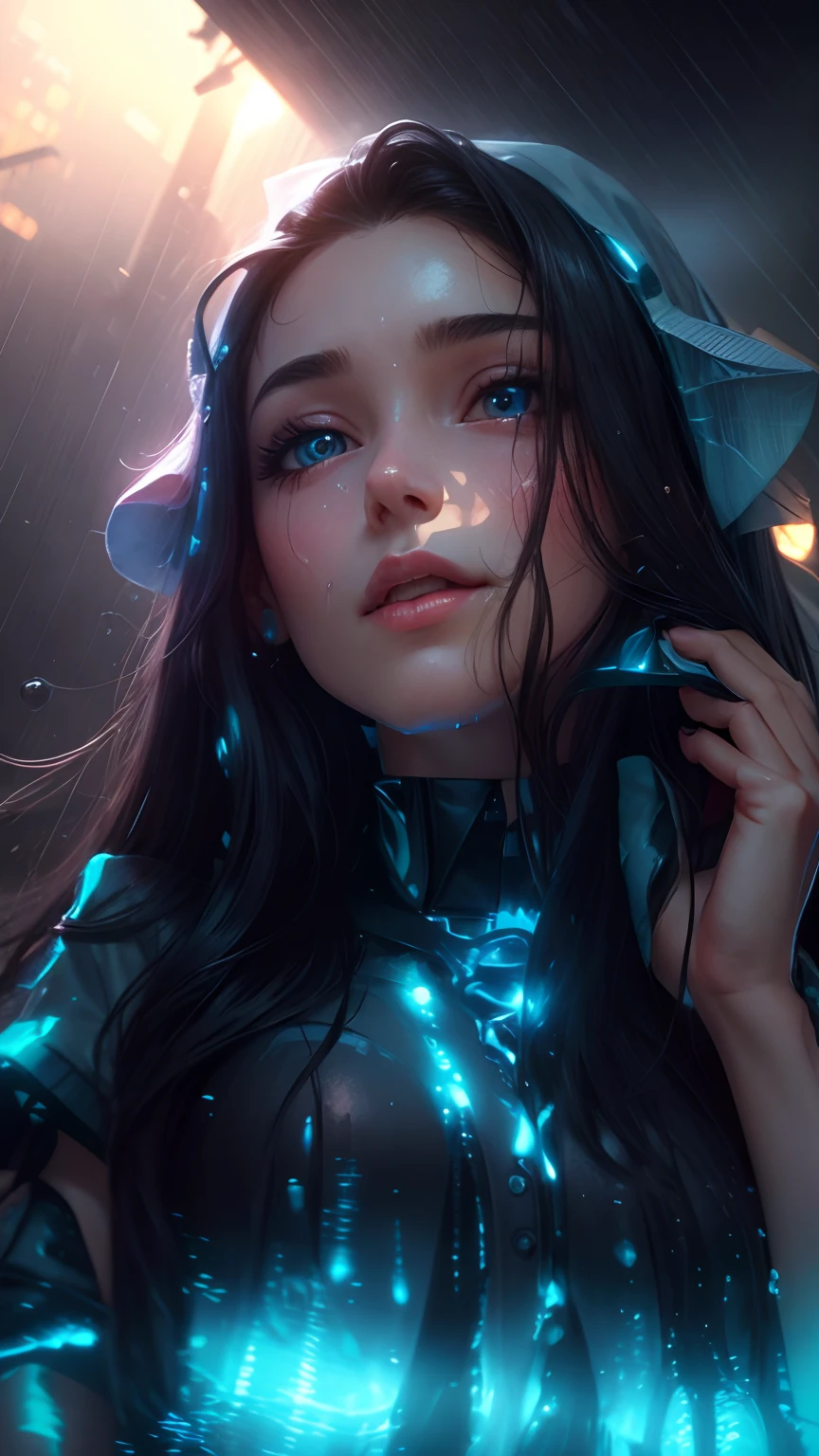 Change background with waterfalse with rain and thunderstorm, 8k ultra,cutest girl