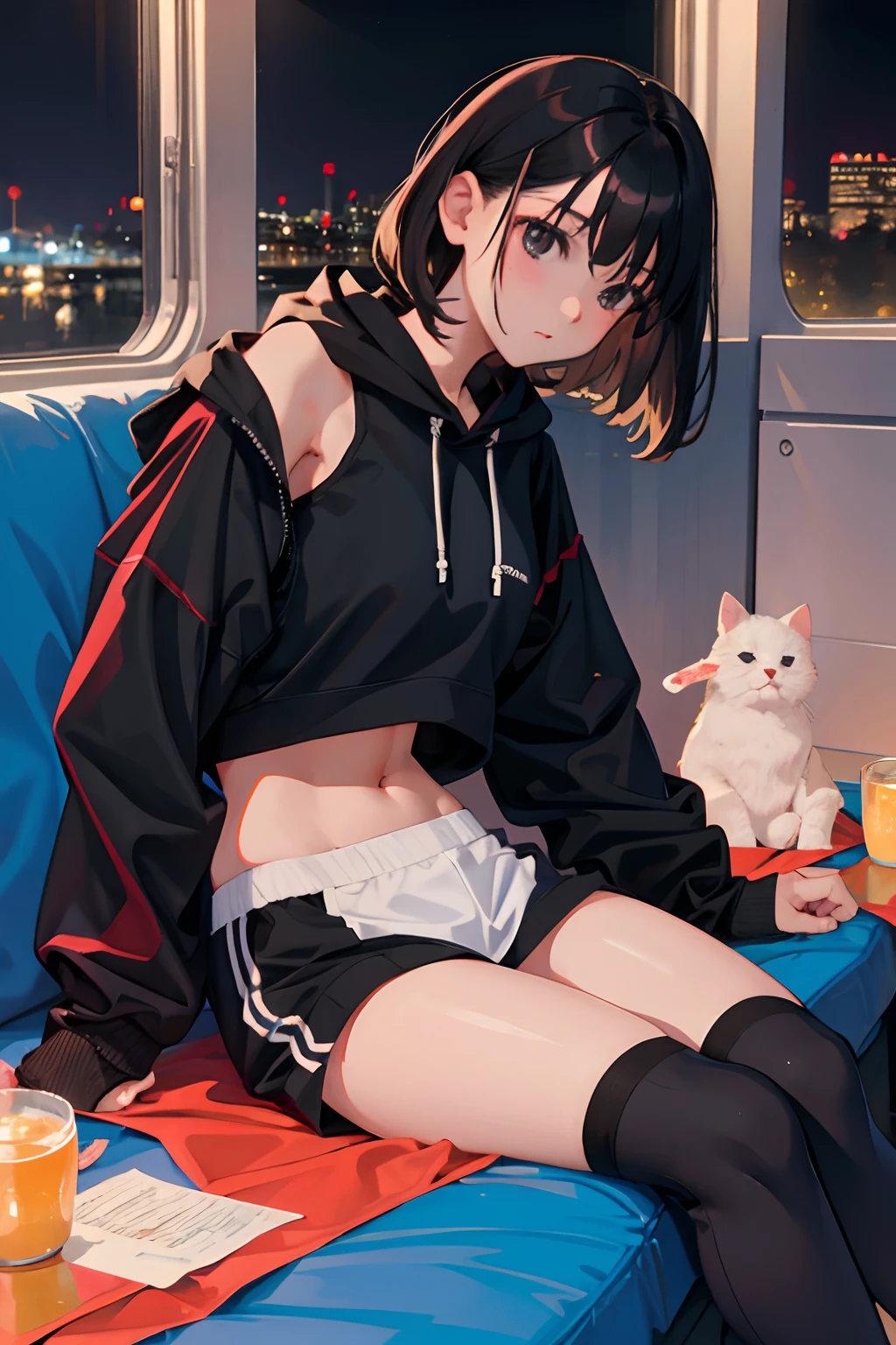nighttime scene，child，（​masterpiece，Highest Quality），Sportsbra，Lightweight hoodie，A dark-haired
