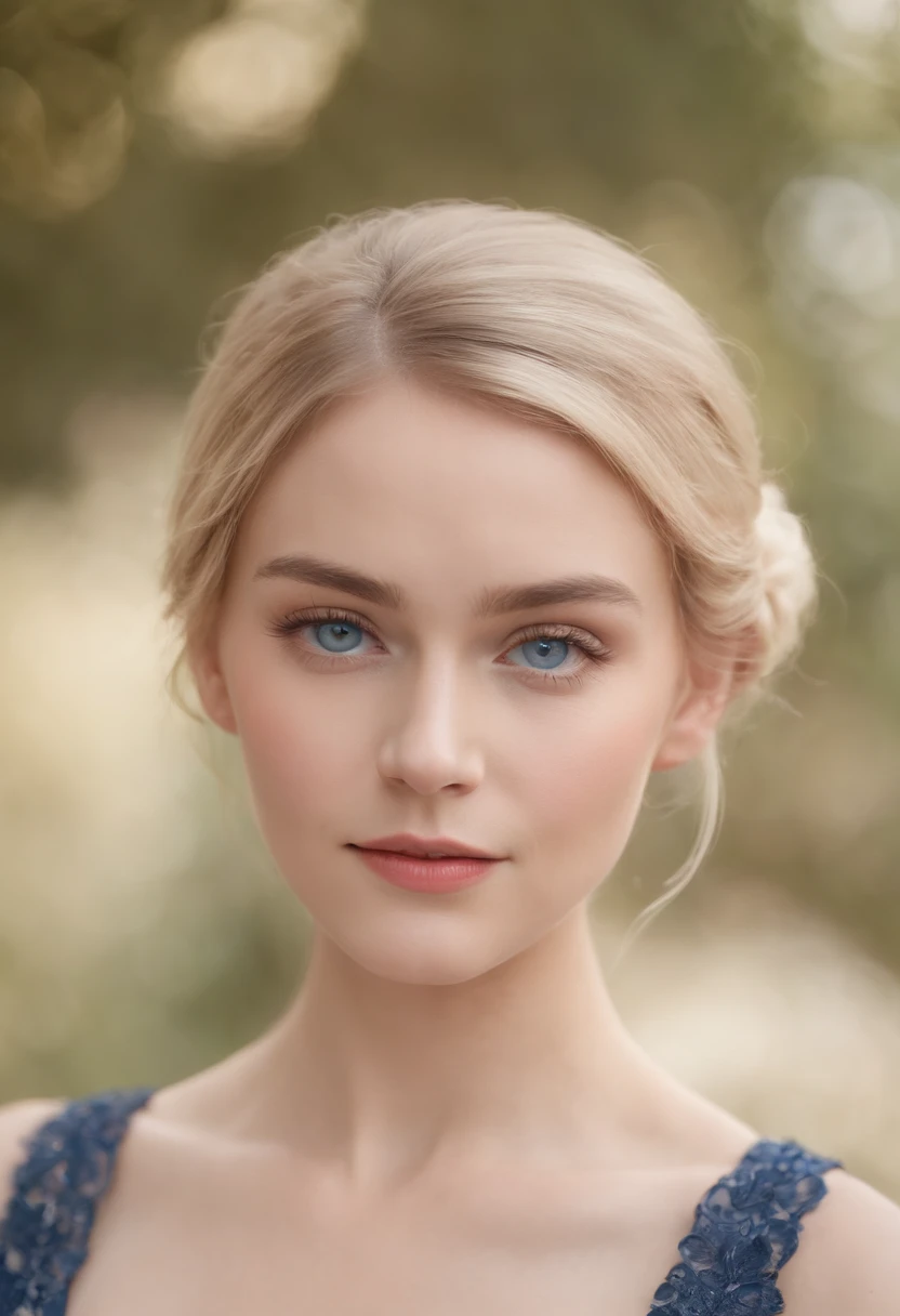 masuter piece、Best Quality、Detailed photos、20 year old American with one blonde chignon hairstyle、Blue eyes、toned waist、Soft focus background