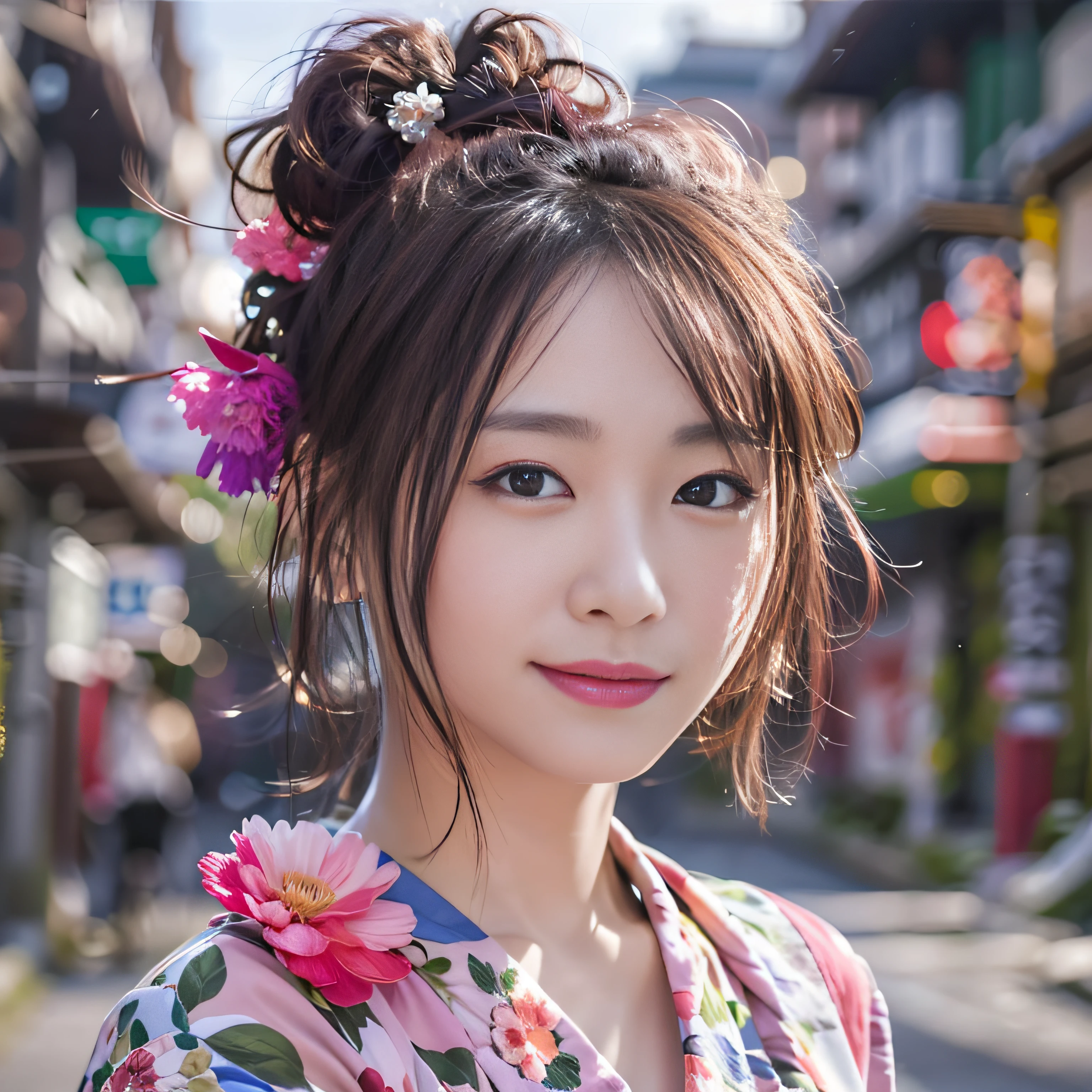 女の子1人、on tokyo street、A city scape、The upper part of the body、wearing Japanese kimono、Piercing with a kanzashi with hair up、a closeup、A smile、、(8K、Raw photography、top-quality、masterpiece:1.2)、(realisitic、photoRealstic:1.37)、Highly detailed eyelash drawing、(((Top image quality))),Colossal tits、Fine skin, (Beautiful hair), (Perfect Anatomy), (Realistic), (Dynamic Angle), Pose Seductive,Perfect,Sensual look、top-quality、hight resolution、