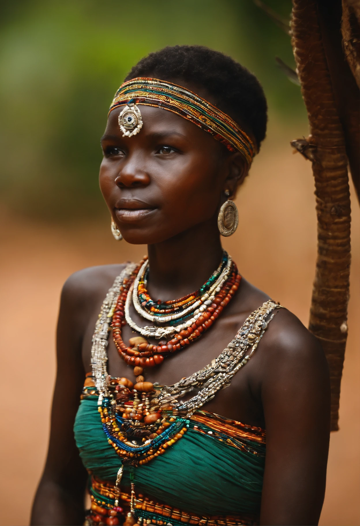 In the savannah of Namibia, the young girl from the Himba tribe sits on the ground by the fire and smiles dreamily into the camera. She wears a jewelry necklace over her round chest, which is covered by a simple top. She wears a skirt around her waist. on both arms and ankles wears the jewelry hoop. She has a beautiful face with green eyes, (belly button), (groin), (collarbone), (masterpiece:1.2) (photorealistic:1.2) (bokeh) (best quality) (intricate details) (8K) (high poly) (ray tracing) (cinema lighting) (sharp focus) (detailed face) (detailed pupils)