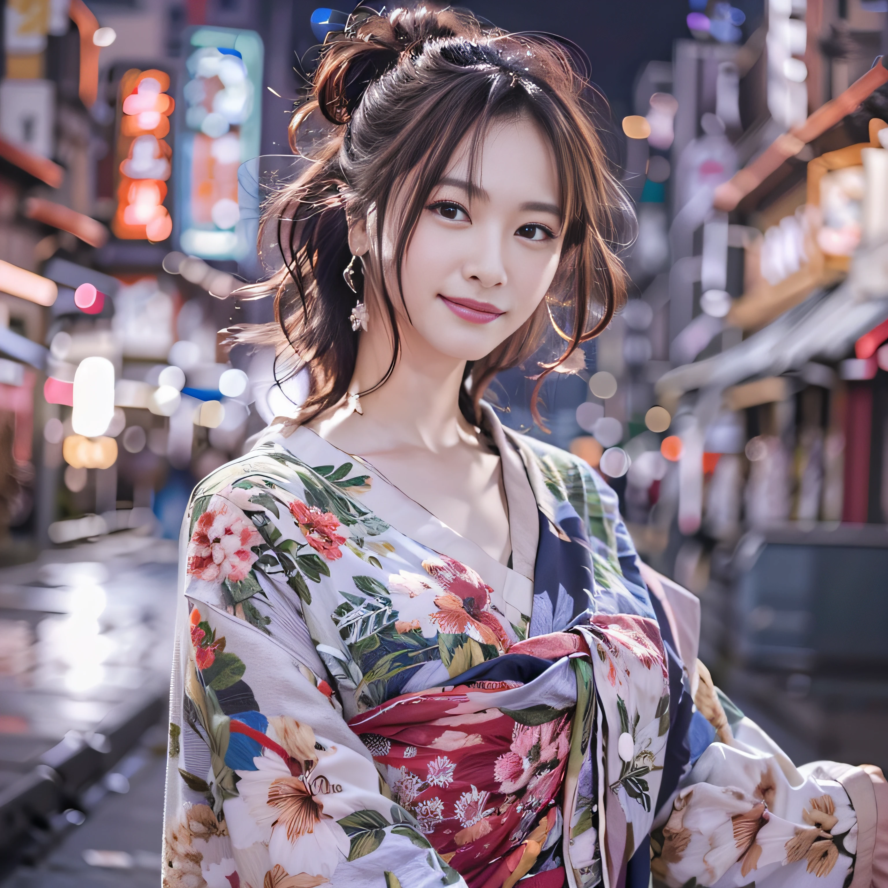 女の子1人、on tokyo street、A city scape、The upper part of the body、wearing Japanese kimono、Piercing with a kanzashi with hair up、a closeup、A smile、、(8K、Raw photography、top-quality、masterpiece:1.2)、(realisitic、photoRealstic:1.37)、Highly detailed eyelash drawing、(((Top image quality))),Colossal tits、Fine skin, (Beautiful hair), (Perfect Anatomy), (Realistic), (Dynamic Angle), Pose Seductive,Perfect,Sensual look、top-quality、hight resolution、