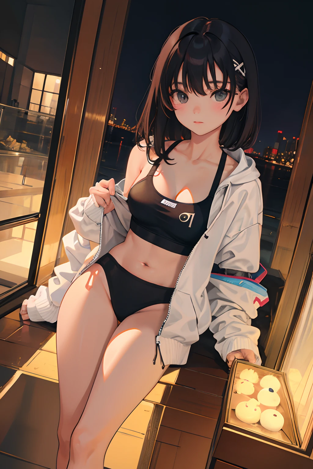 nighttime scene,,(masterpiece,Highest Quality),Sportsbra,Lightweight hoodie,A dark-haired