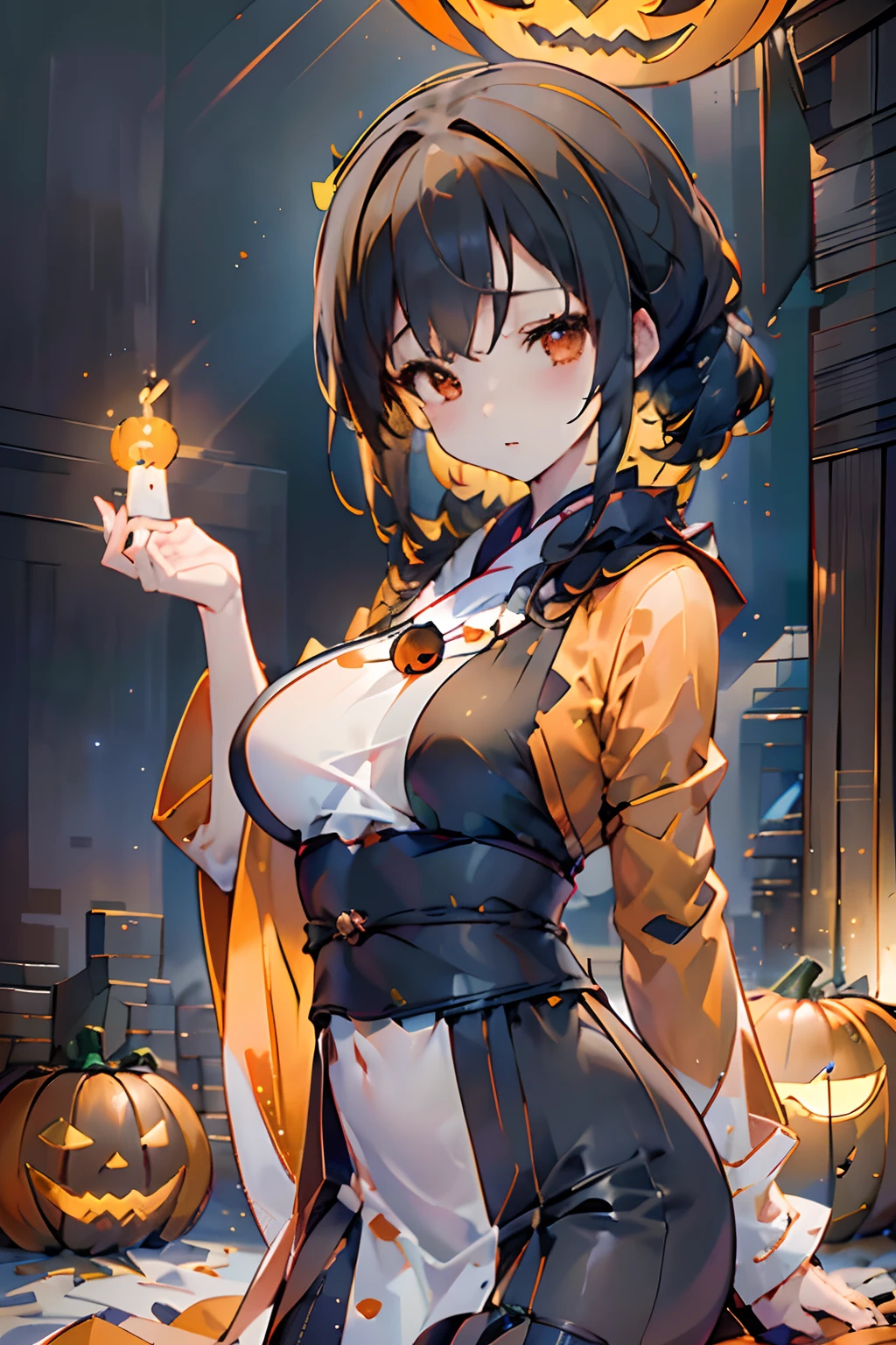 top-quality,masuter piece,独奏,((Jack-o'-lantern,Orange pumpkin:1.3、Peeler Candle,Ball Candle))),the bats,Flying bats,longshot, (low angles), (top down), girl、((Black poncho、Realistic scale,Significant shrinkage:1.5、photos realistic、Super Detail, Realistic, Super realistic, lifelike rendering, (((darkened room:1.3))),Professional Photographer