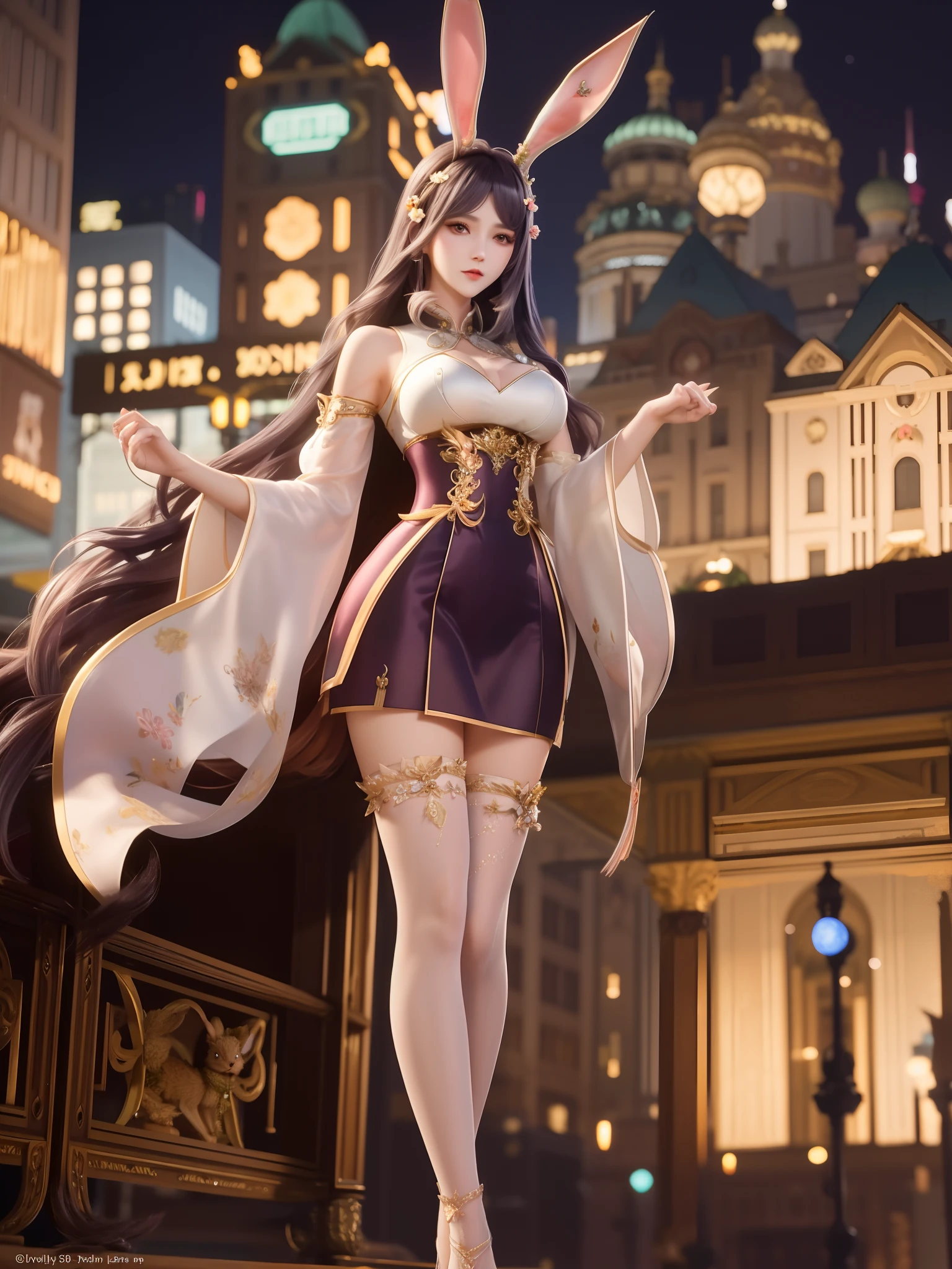 1girl,mature female, looking at viewer, cityscape, night, hair ornament, long hair, fake animal ears, skirt,shirt,clothing cutout, rabbit ears, detached sleeves, fancy outfits poses, full body