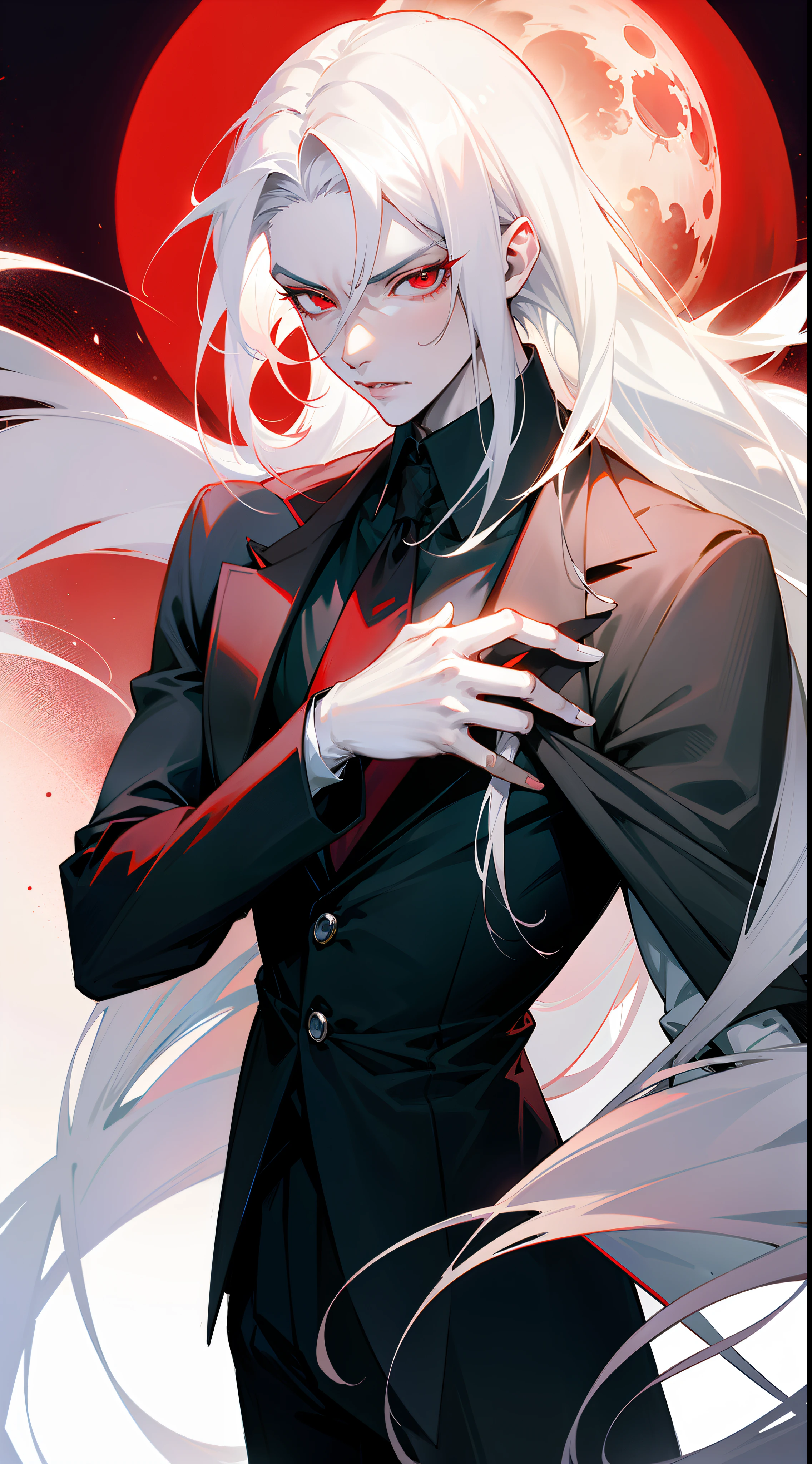With a graceful stance, a male vampire poses for his portrait. His anime-style appearance is enhanced by his long, white hair and striking red eyes. He wears a tailored suit, adding a touch of sophistication to his pale white skin. The full moon shines brightly in the background, adding a touch of mystery to the image.