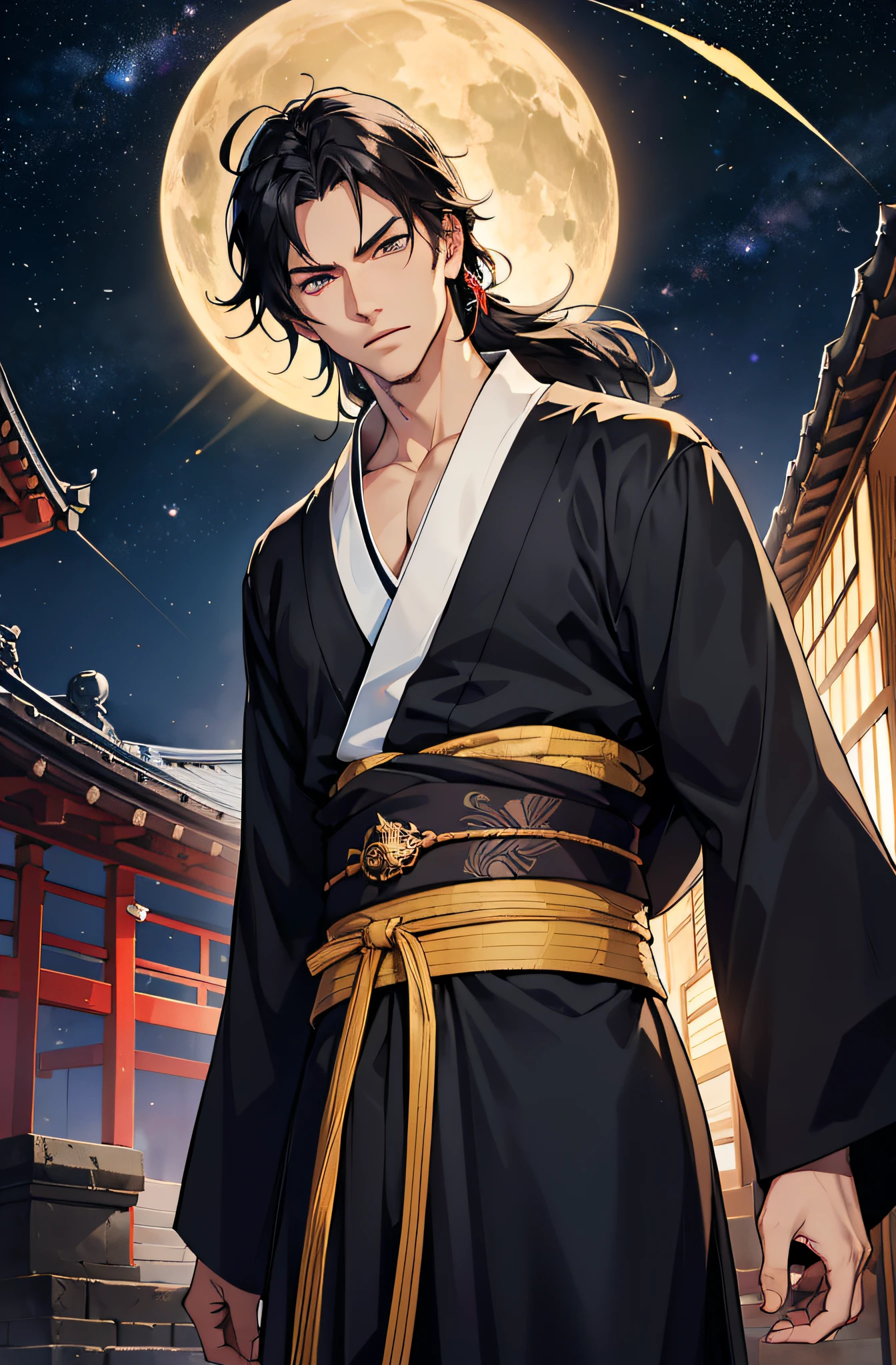(Meisterwerk), best quality, ultra-high resolution, ((Ein Mann)), ((masculine)), elegant, japanischer Gott, Tsukuyomi, ausdrucksstarke Augen, Perfektes Gesicht, half body, Blick auf den Betrachter, dutch angle, Cowboy erschossen, (langes schwarzes Haar), (Goldene Augenfarbe), stattlich, night time, Mondsichel, (Japanische Kleidung, schwarz-blauer Kimono), Hagoromo, Sieg, Dynamisches Licht, Beautiful colors, Milky Way, FESTPLATTE