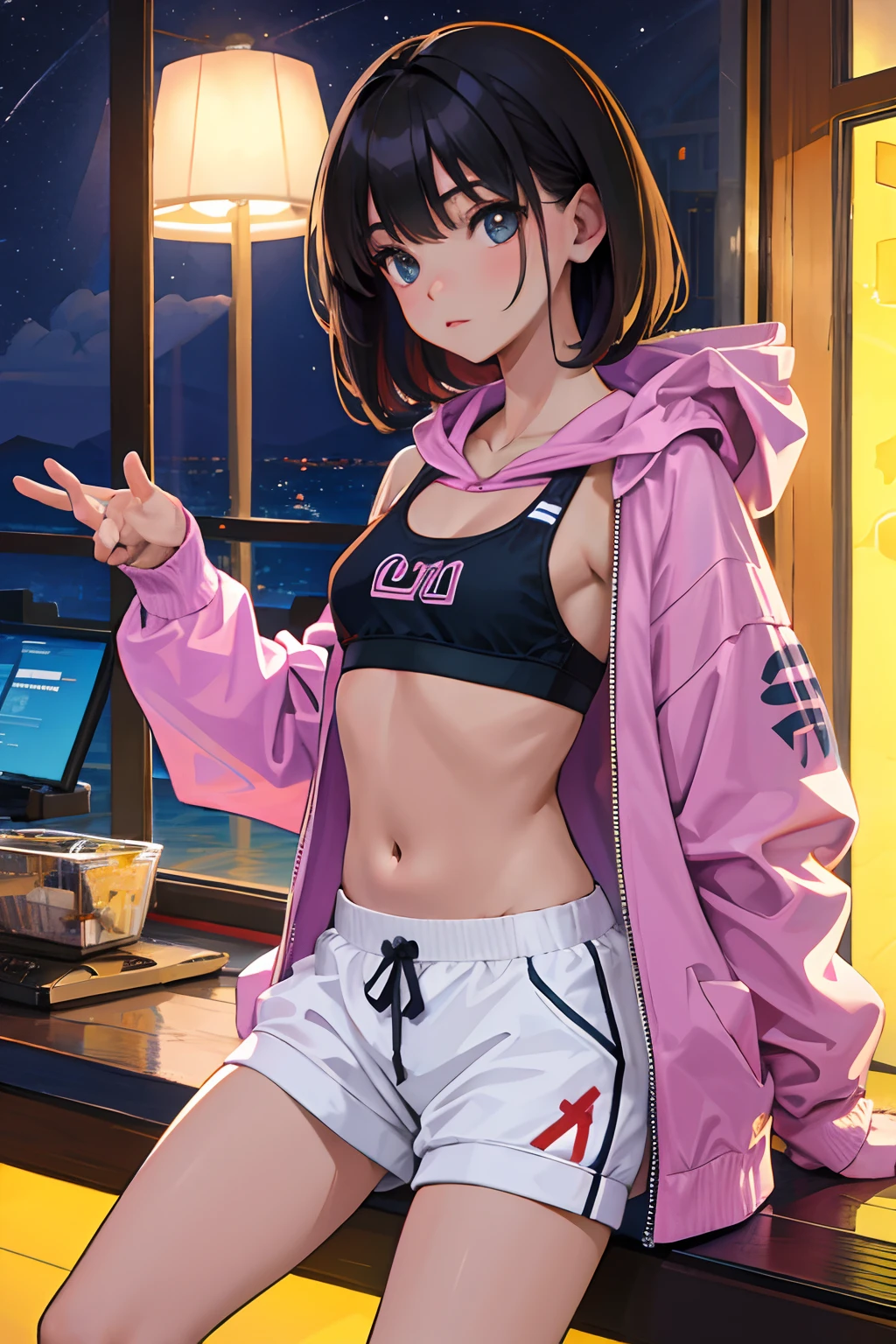 nighttime scene，child，（​masterpiece，Highest Quality），Sportsbra，Lightweight hoodie，A dark-haired