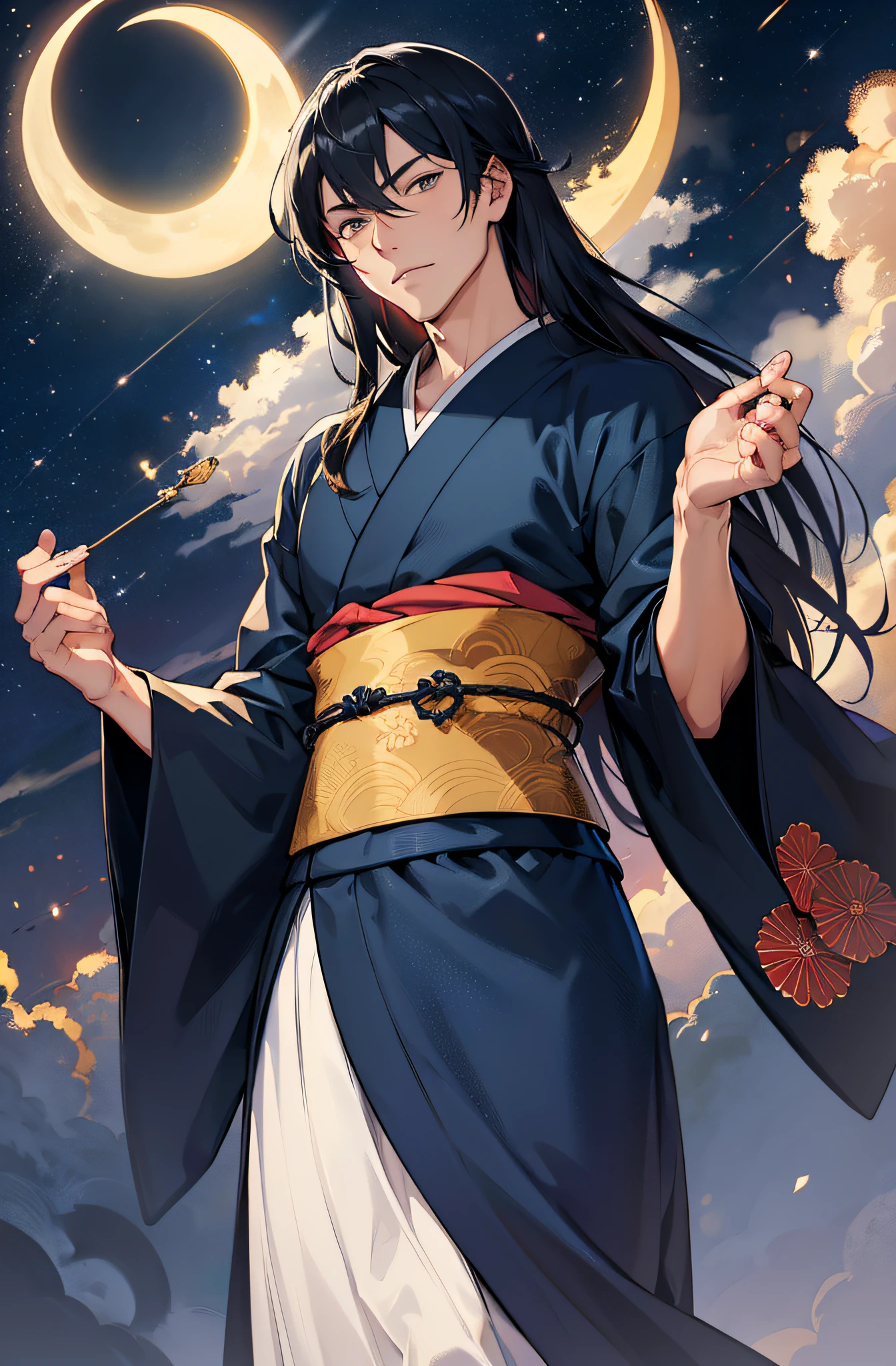 (Meisterwerk), best quality, ultra-high resolution, ((Ein Mann)), ((masculine)), elegant, japanischer Gott, Tsukuyomi, ausdrucksstarke Augen, Perfektes Gesicht, half body, Blick auf den Betrachter, dutch angle, Cowboy erschossen, (langes schwarzes Haar), (Goldene Augenfarbe), stattlich, night time, Mondsichel, (Japanische Kleidung, schwarz-blauer Kimono), Hagoromo, Sieg, Dynamisches Licht, Beautiful colors, Milky Way, FESTPLATTE