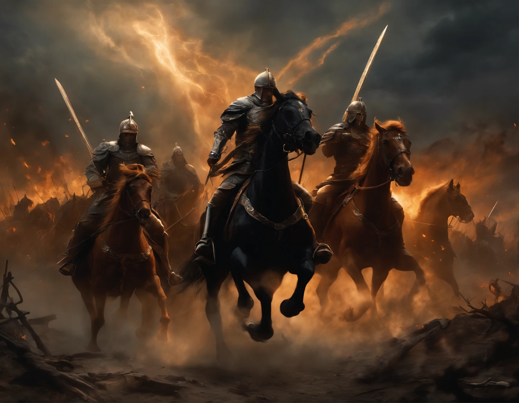 In a post-apocalyptic scene, an epic battle unfolds between the forces of good and evil. The atmosphere is dark and foreboding, with smoky clouds filling the sky. The main focus of the image is a group of powerful angelic figures, their wings spread wide as they play trumpets in unison. The sound resonates through the air, signaling the approaching final battle. These angels are depicted with exquisite detail, from their intricate feather patterns to their majestic expressions.
On the opposing side, the Four Horsemen of the Apocalypse charge forward on their steeds. Each horseman embodies a different aspect of doom and destruction, clad in armor that reflects their unique characteristics. War, Famine, Pestilence, and Death ride with an air of relentless determination, their eyes glowing with an otherworldly light.
The medium used to depict this apocalyptic battle is a grandiose illustration inspired by Gustave Dore. The level of detail and intricacy is paramount, capturing the intensity and emotion of the scene. The use of shading and dynamic brushstrokes adds depth and texture to the overall composition.
Additional details enrich the image further, such as scattered ruins in the background, remnants of a once thriving city. The symbolism of the battle is enhanced by the inclusion of shattered swords and broken chains, representing the ongoing struggle between good and evil.
To ensure the best quality and realistic portrayal, the image must be ultra-detailed and high resolution. The colors are vivid, with a dark color palette dominated by deep blues and fiery reds. The lighting is dramatic, with shafts of light piercing through the smoky clouds, casting long shadows on the battlefield.
Overall, this prompt aims to capture the epic nature of the final battle in an apocalyptic setting, combining elements of angelic beauty, chaos, and destruction.