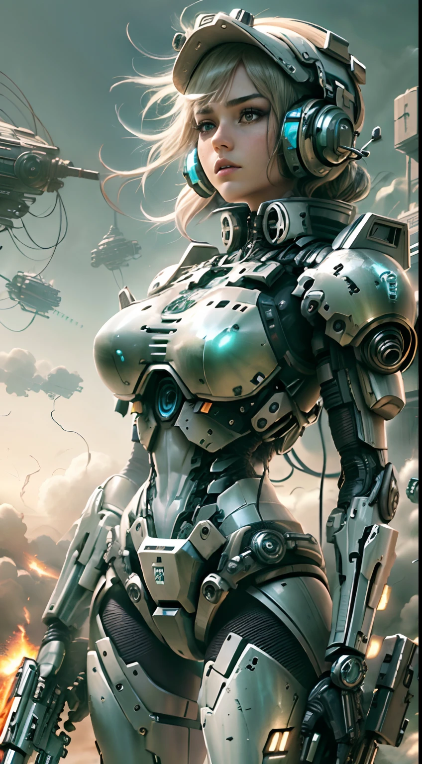 1 chica Cabello Blanco Soldado estilo pistola en el fondo, Chica en Mech Blanco, Cyberpunk anime chica mecha, Wearing sci-fi military armor, Hermosa chica negro cyborg, Cyborg - Chica de plata, Mech negro de Fira, Eco de Overwatch, Perfecto anime cyborg mujer, Pupilas azules, Cinco dedos, CGhSociety inspirado campo de batalla, alien planet, Alien battle,