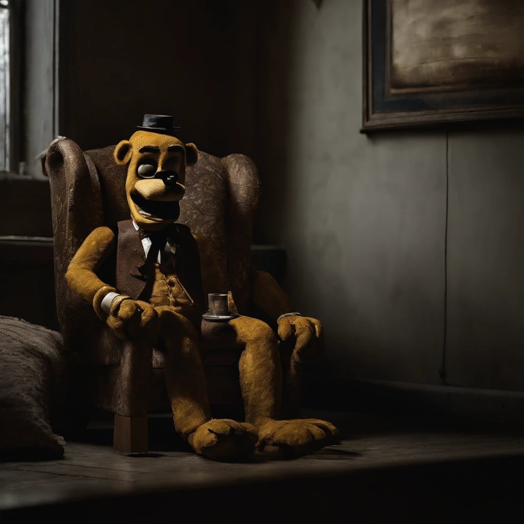 Five nights and Freddy,golden Freddy, sitting down in the corner of a dark run down room,dark, horror, cinematic lighting, unreal engine 5, CGI