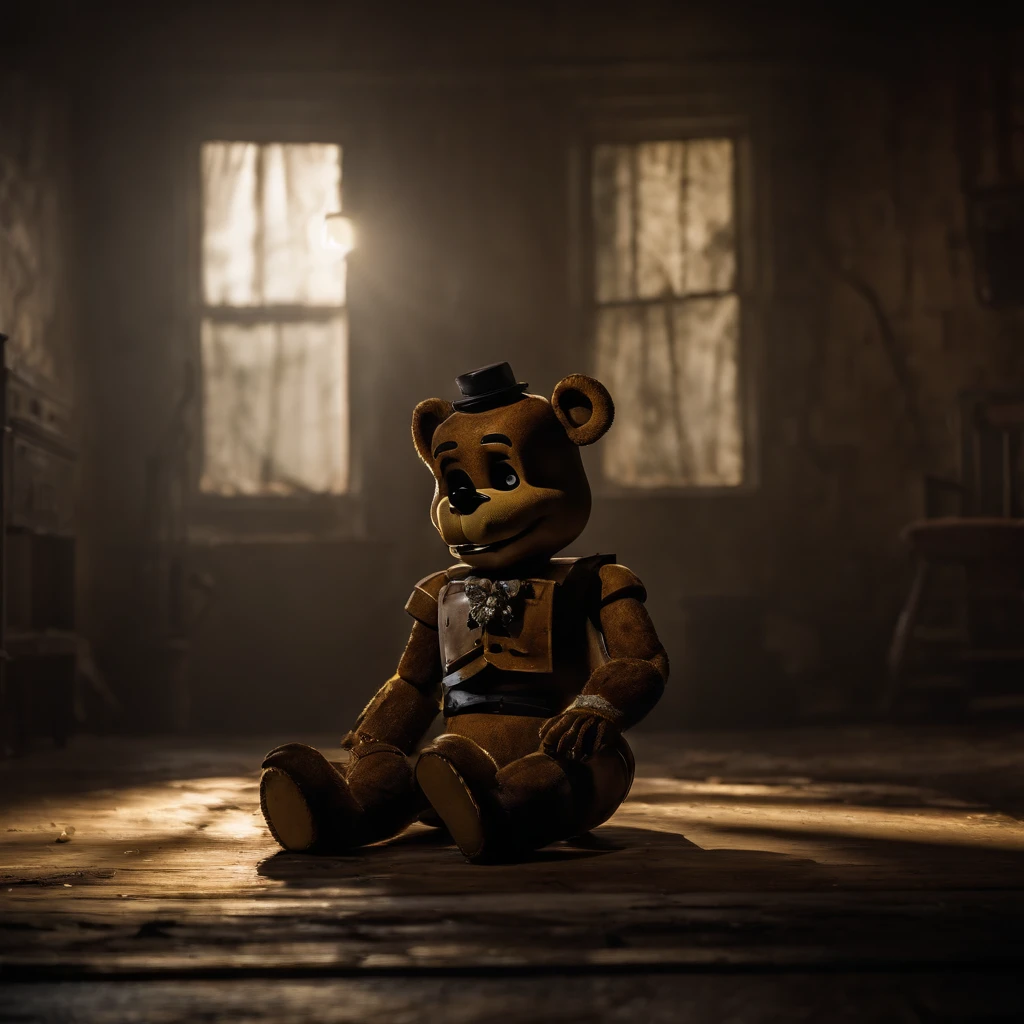 Five nights and Freddy,golden Freddy, sitting down in the corner of a dark run down room,dark, horror, cinematic lighting, unreal engine 5, CGI