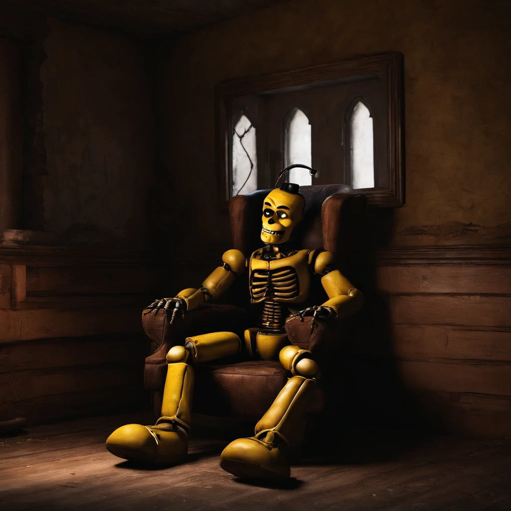 Five nights and Freddy,golden Freddy, sitting down in the corner of a dark run down room,dark, horror, cinematic lighting, unreal engine 5, CGI