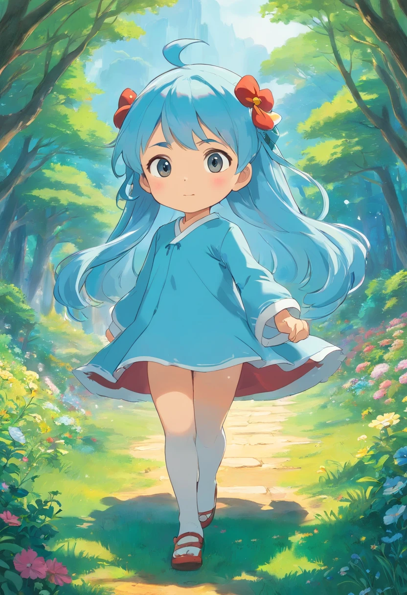 uma menina chibi, usando um vestido fofo azul, olhos amarelos e cabelos vermelhos, no estilo de paisagens de jardim tranquilas, animated color photos, Masami Teraoka, aquamarine, Paulo Gauguin, Estilo Embry, retrato honesto