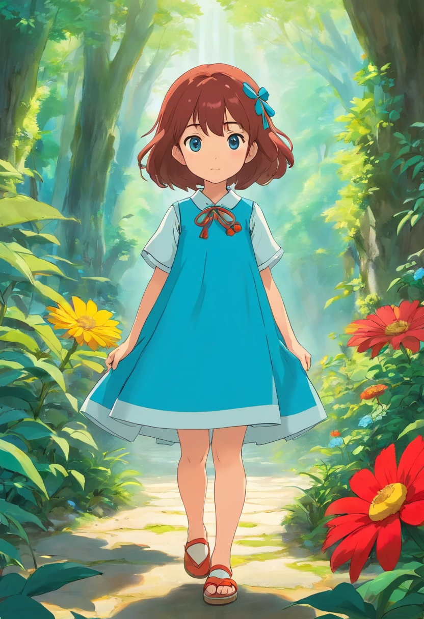 uma chibi, usando um vestido fofo azul, olhos amarelos e cabelos vermelhos, no estilo de paisagens de jardim tranquilas, animated color photos, Masami Teraoka, aquamarine, Paulo Gauguin, Estilo Embry, retrato honesto