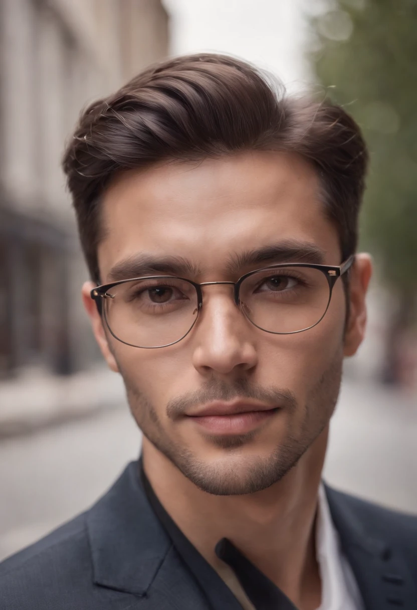 hyper realistic, selfie, a handsome man, tan skin, dark hair, stubble, chiseled jaw, muscular, glasses, black pinstripe suit,