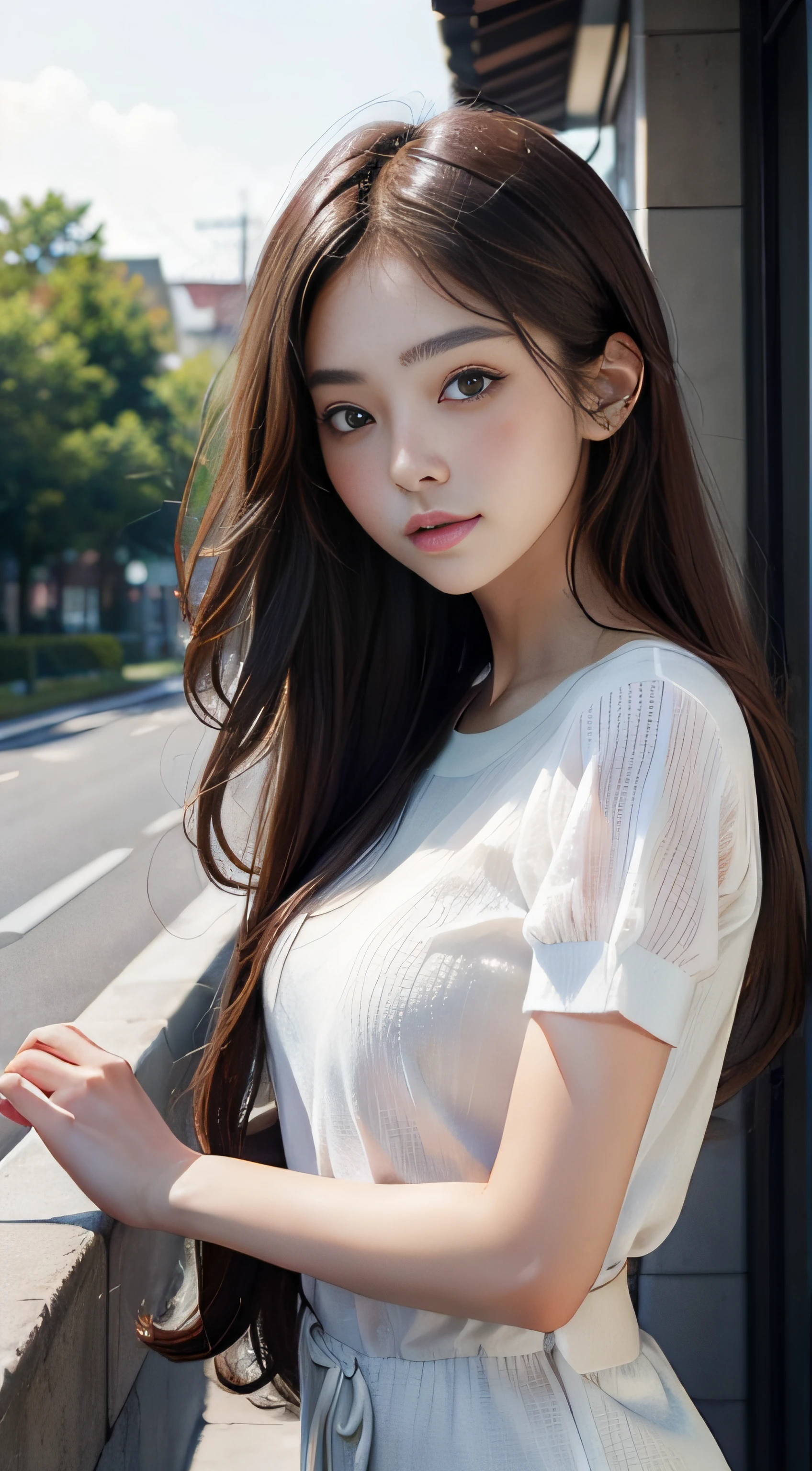 ​masterpiece、Top image quality:1.2、((beautiful young woman with))、Transparent skin:1.2、{A slight smil}、(kawaii)、Short sleeve knit、luxury hotel、depth of fields