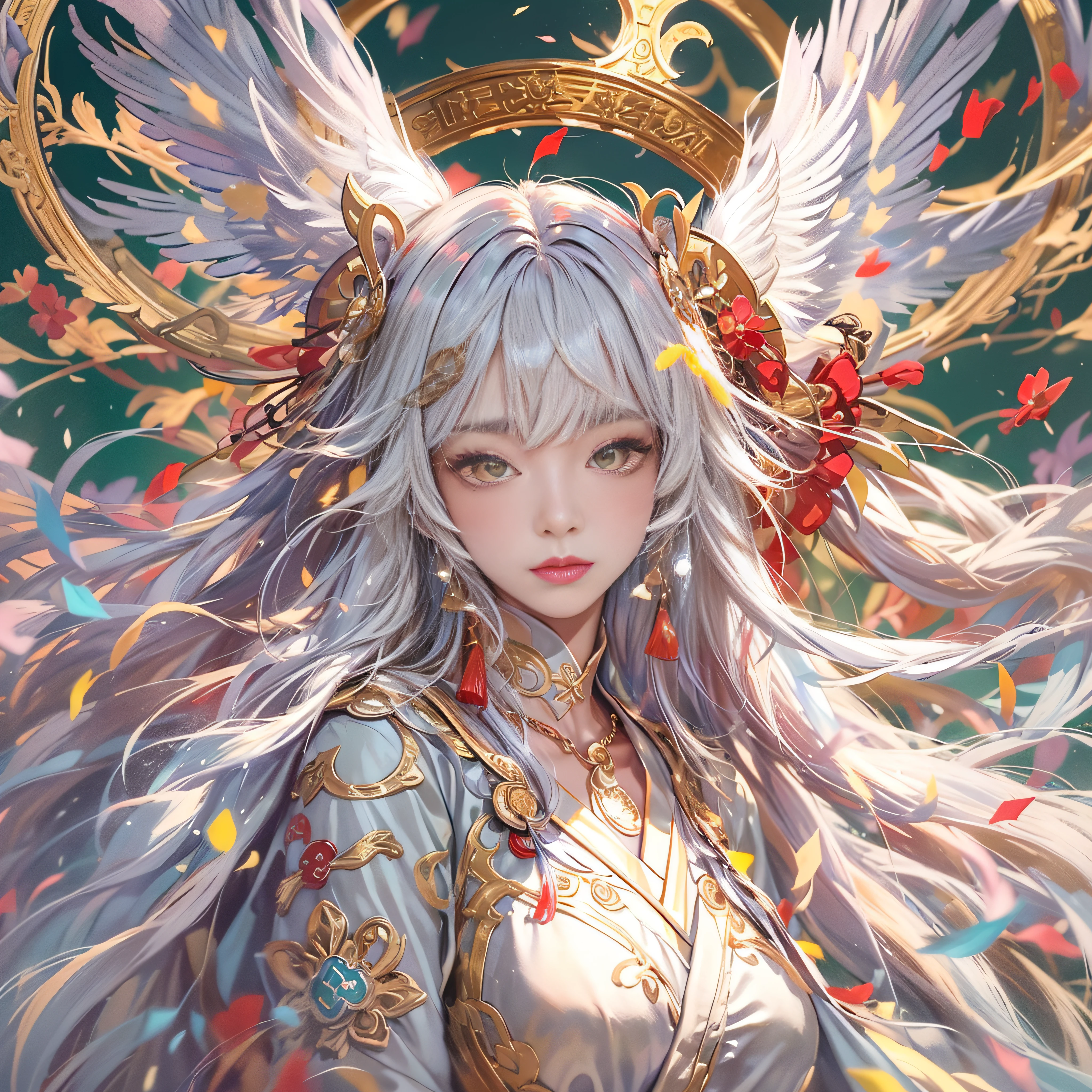 (masterpiece:1.2)、top-quality、(illustratio:1.2)、ornate decorations、(Masterfully crafted Glow、lensflare)、(ultra-detailliert)、Hyper-detailing、(delicate detail)、(intricate detailes)、(Cinematic Light、best quality backlight)、(Bioluminescent hair)、(radiant eyes)、(Dynamic:1.2)、((make - up))、absolutely eye-catching、prehistory、((Splash of colorful paint on background、dulux、))、((coustics))、dynamic ungle、(魅惑的)、(Intricately detailed cinematic:1.1)、Ambient Occlusion、ambient lights、ray tracing reflection、(The best lighting、extremely delicate and beautiful)、((Movie Light))、colourfull、powerfull、(Cinematic Masterpiece)、big dreamy eyes、perfectly proportions、perfectly drawn face、albedo、White hair、chain、comfy、Intense days々々々々々々々々々々々々々々々、golden sky、seductiv、illustratio、Angels everywhere、yellow eyes、A red rose、chains、splashes of colour、smooth soft skin、the golden hour、Atmosphere、a park、nobara、bullets、Breathtaking、Ambient light coming from the sky、 chain、godrays、The halo、beautiful intricate colored hair、Symmetrical and soft lighting、concept-art、digitial painting、Take a peek at the scenery、realistic reflection、Soft and warm glow coming from tracers everywhere Amaterasu , Incarnation of the Sun, Supreme God of Japan, The god of ancient Japan and the deification of the sun. Ancestors of the Emperor of the Japan, Shinto deity of Japan, Amaterasu Colorful、highestdetailed Tsukiyomi Dojin, Tsukiyo Mizun, Moon incarnation, Supreme God of Japan, The god of ancient Japan and the deification of the moon. Ancestors of the Emperor of the Japan, Shinto deity of Japan, Amaterasu's sister, The background is the Japan shrine sisters, The background is a shrine of Japan Colossal tits plump udder