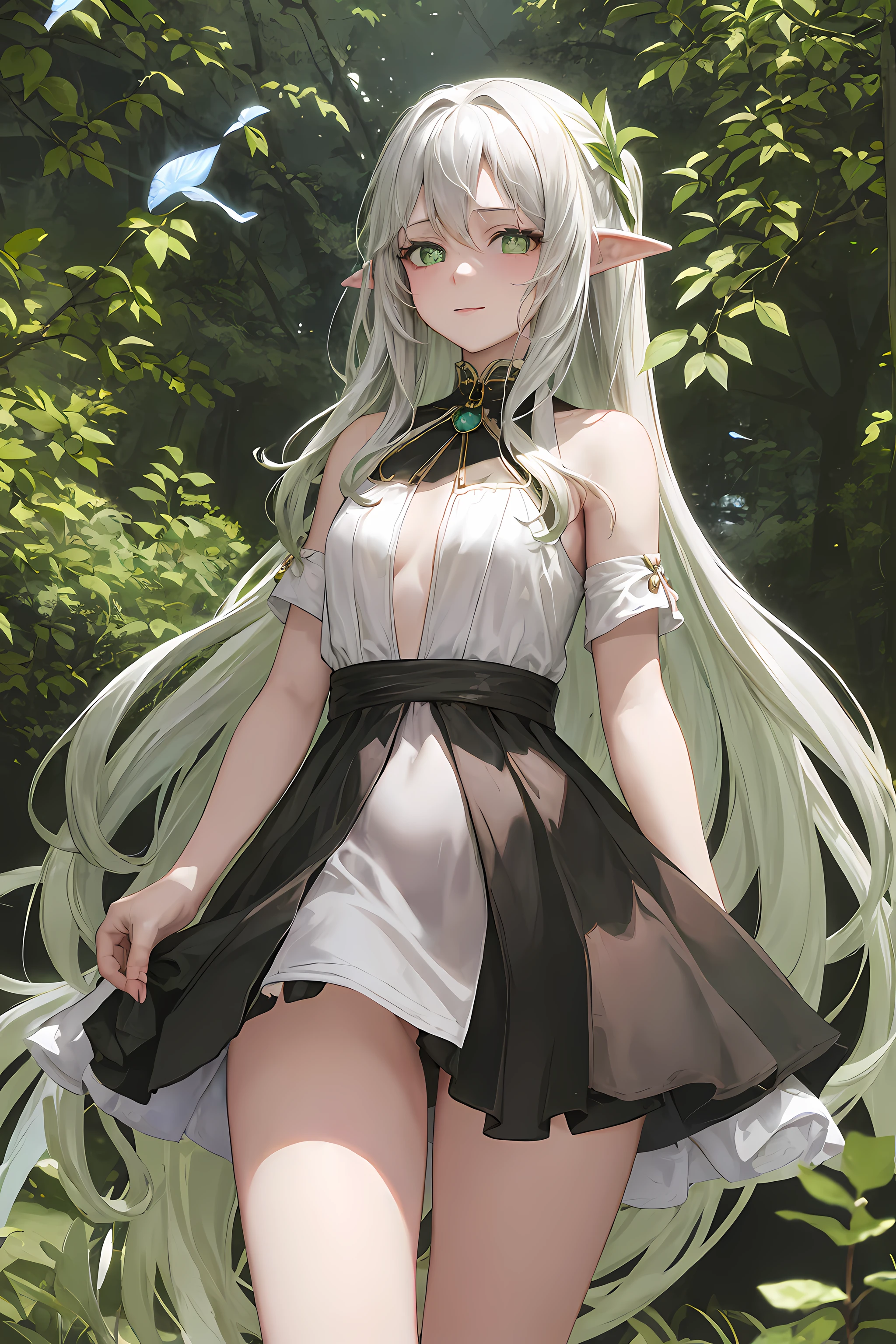 The elf stands and looks at the camera, A girl stands at a fair, green eyes and white hair, The wind lifts the skirt, You can see the underpants, blue skies, Beautiful clear blue sky, green hairpins in the hair, skinny waist, Slender figure, Appearance of the model, confusion, sexuality, nahida, pixie, elf ears, Beautiful ears, green colored eyes, People's casual clothes, black clothing, pantyhouse, black tights, little chest, You can see the, Upskirt, black clothing, White underpants, Elf Girl, Sweet girl, attractive anime girl, beautiful anime girl, Cute beautiful anime woman, detailed digital anime art, beautiful anime girl, beautiful anime girl, Anime with small details, Best Quality, Masterpiece, Ultra-detailed, Beautiful, hight resolution, Original,CG 8K ультрареалистичный, perfect artwork, beatiful face, Face Clean, Skin, hyper realistic, Ultra Detailed, A detailed eye, dramatic lighting, (Realistic) Realistic, Full HD, Best Quality, Best Quality, Beautiful lighting, (8k wallpaper of extremely detailed CG unit), High Details, sharp-focus, The art of dramatic and photorealistic painting, beautiful smile, Nude, dressless,