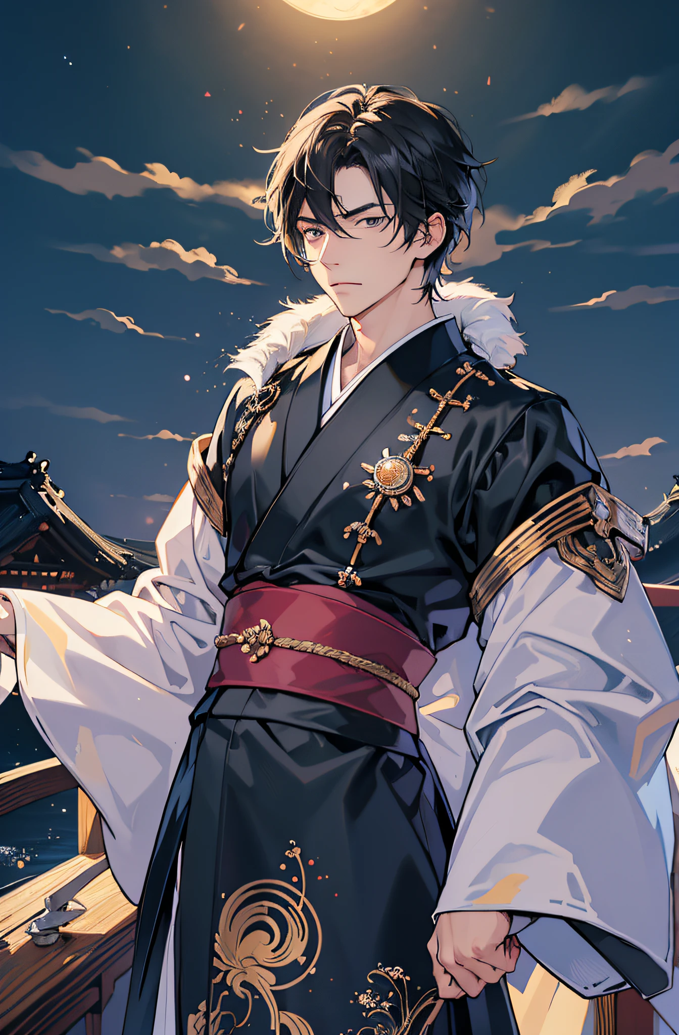 (Meisterwerk), best quality, ultra-high resolution, ((Ein Mann)), ((masculine)), elegant, japanischer Gott, Tsukuyomi, ausdrucksstarke Augen, Perfektes Gesicht, half body, Blick auf den Betrachter, dutch angle, Cowboy erschossen, (langes schwarzes Haar), (Goldene Augenfarbe), stattlich, night time, Mondsichel, (Japanische Kleidung, schwarz-blauer Kimono), Hagoromo, Sieg, Dynamisches Licht, Beautiful colors, Milky Way, FESTPLATTE