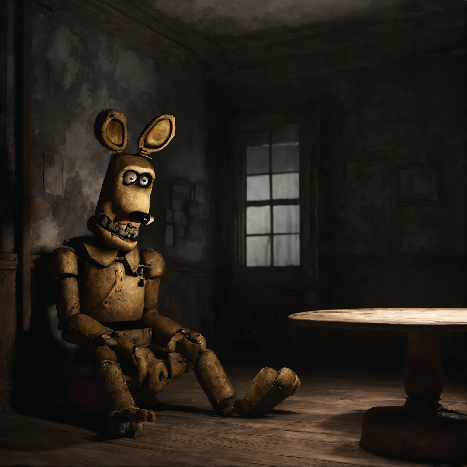Five nights and Freddy,golden Freddy, sitting down in the corner of a dark run down room,dark, horror, cinematic lighting, unreal engine 5, CGI